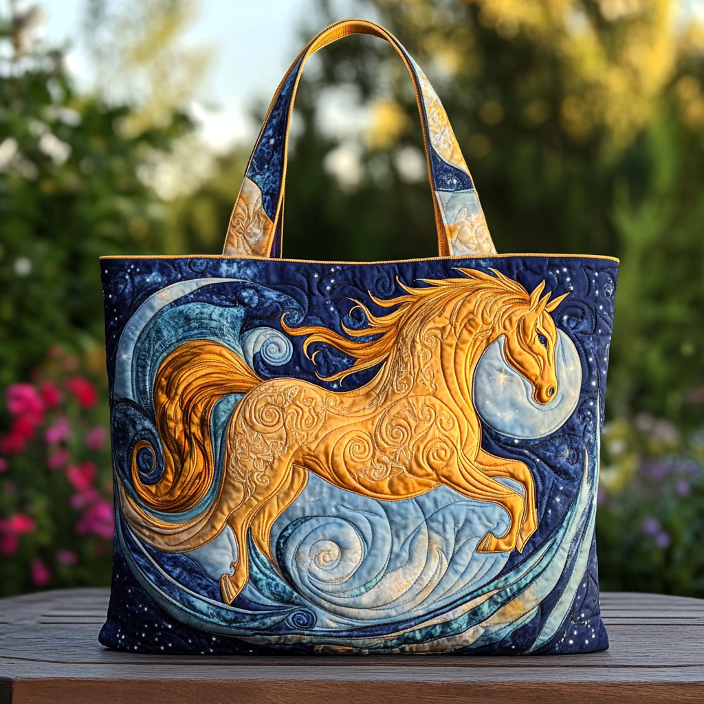 Golden Horse Quilted Tote Bag Trendy Shoulder Bags Christmas Gifts For Horse Racing Lovers
