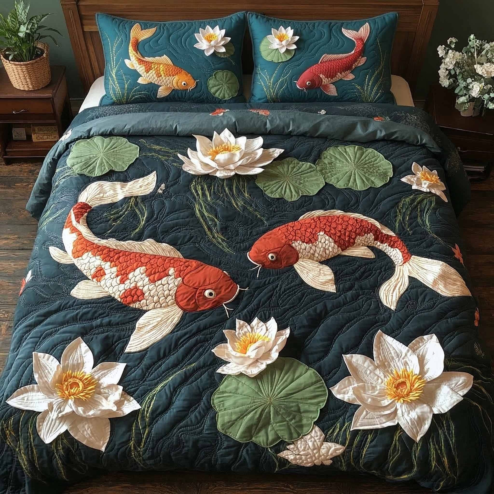 Golden Koi Quilted Bedding Set Japanese Inspired Bedspread Set Best Gifts For Dad