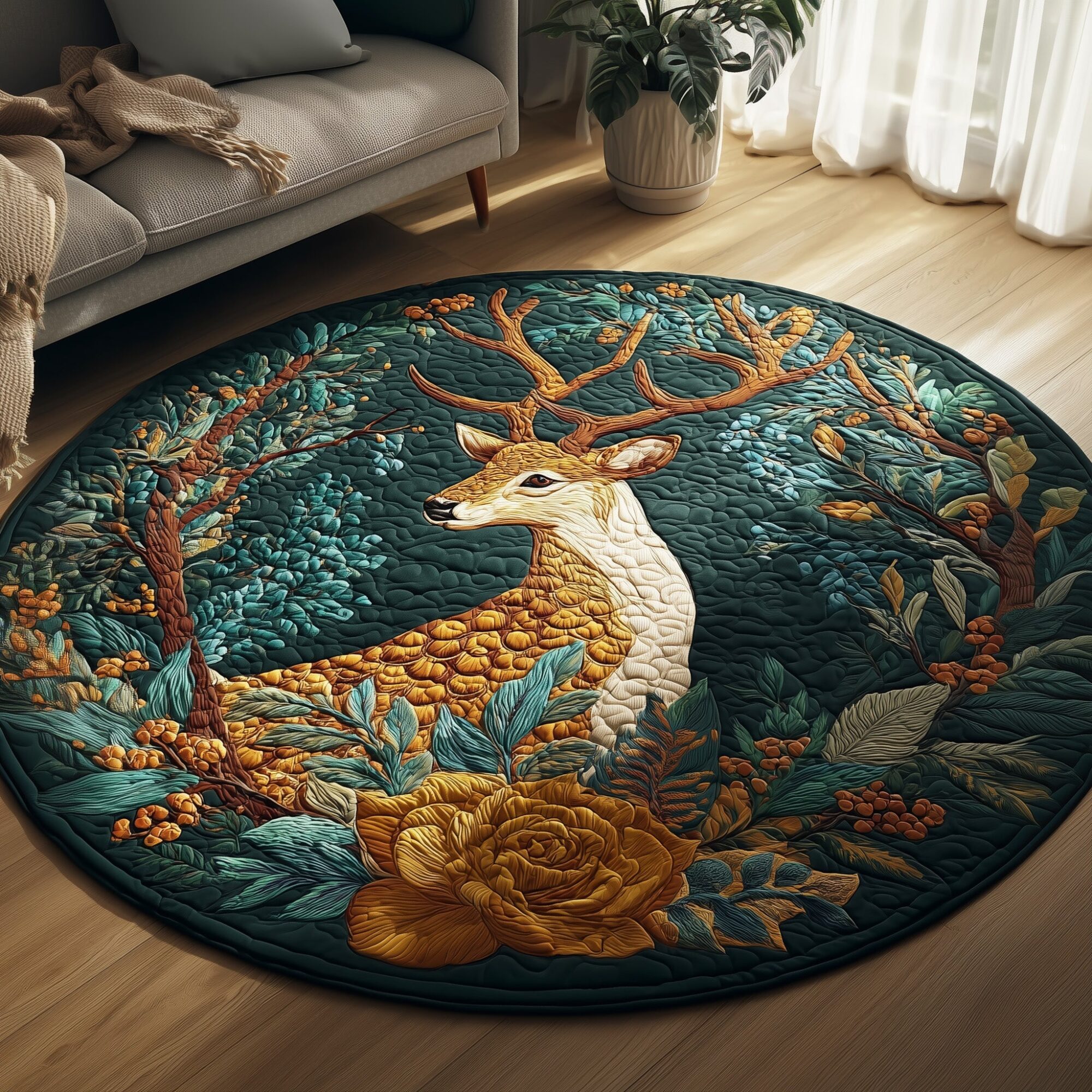Golden Majesty Quilted Round Mat Cozy Quilted Round Mat for Warm Ambiance