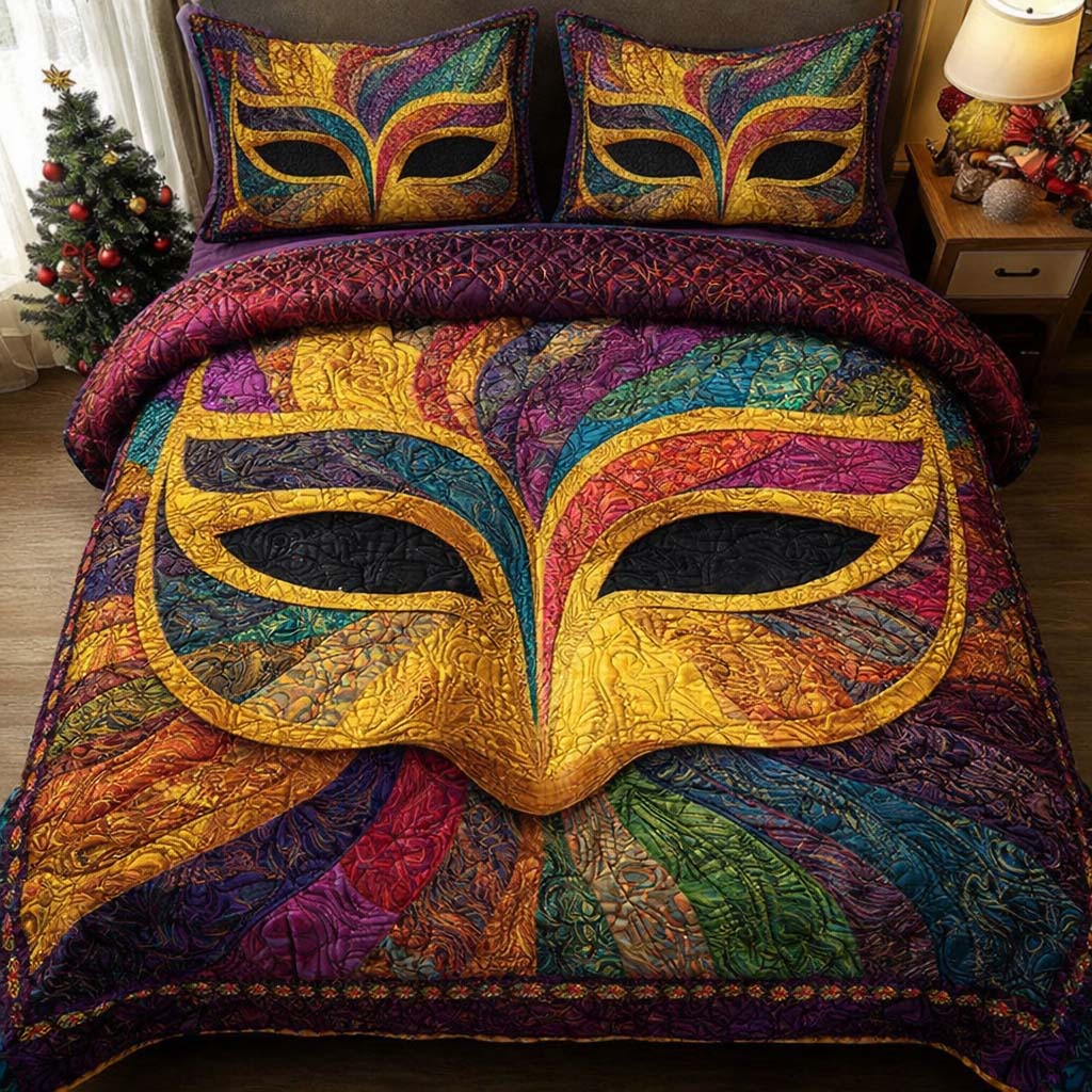 Golden Masque Quilted Bedding Set Best Bedsheets Mardi Gras Gifts For Her