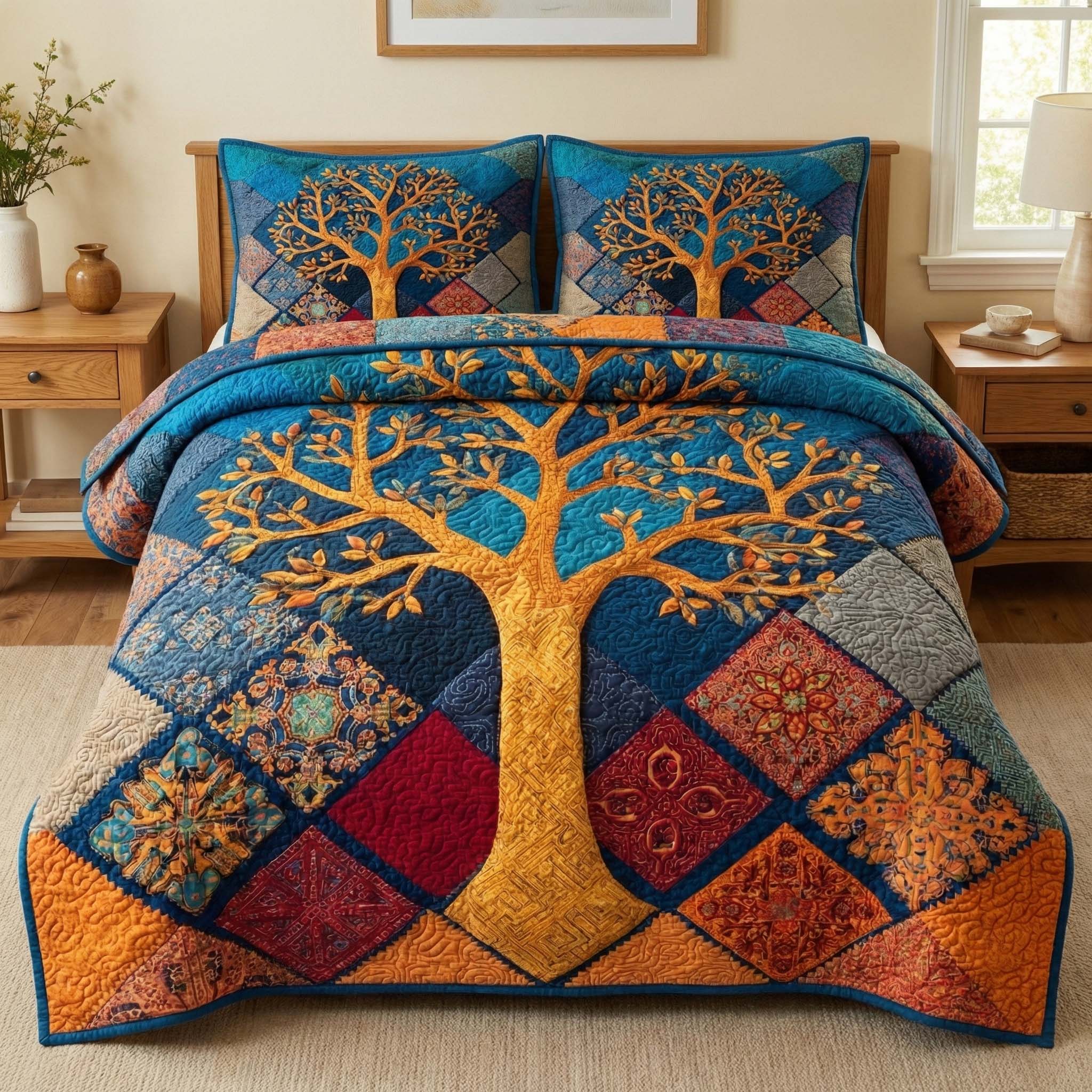 Golden Mosaic Tree Quilted Bedding Set Bedspreads Tree Of Life Gifts Father'S Day