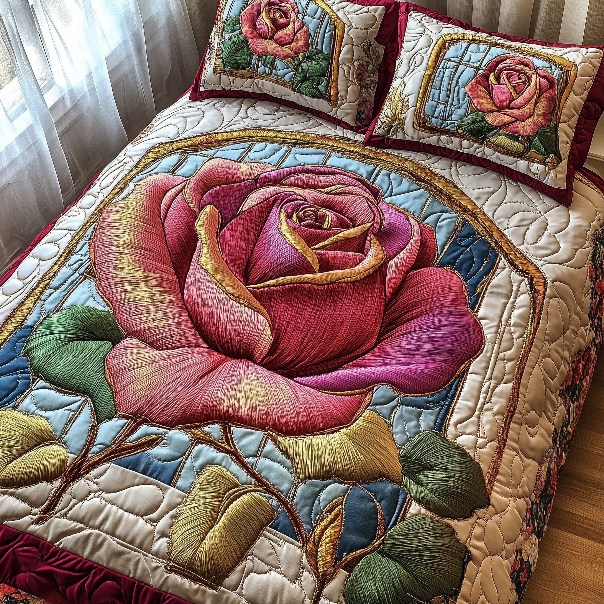 Golden Petal Rose Quilted Bedding Set Cozy Bedroom Ideas First Time Mom Gifts
