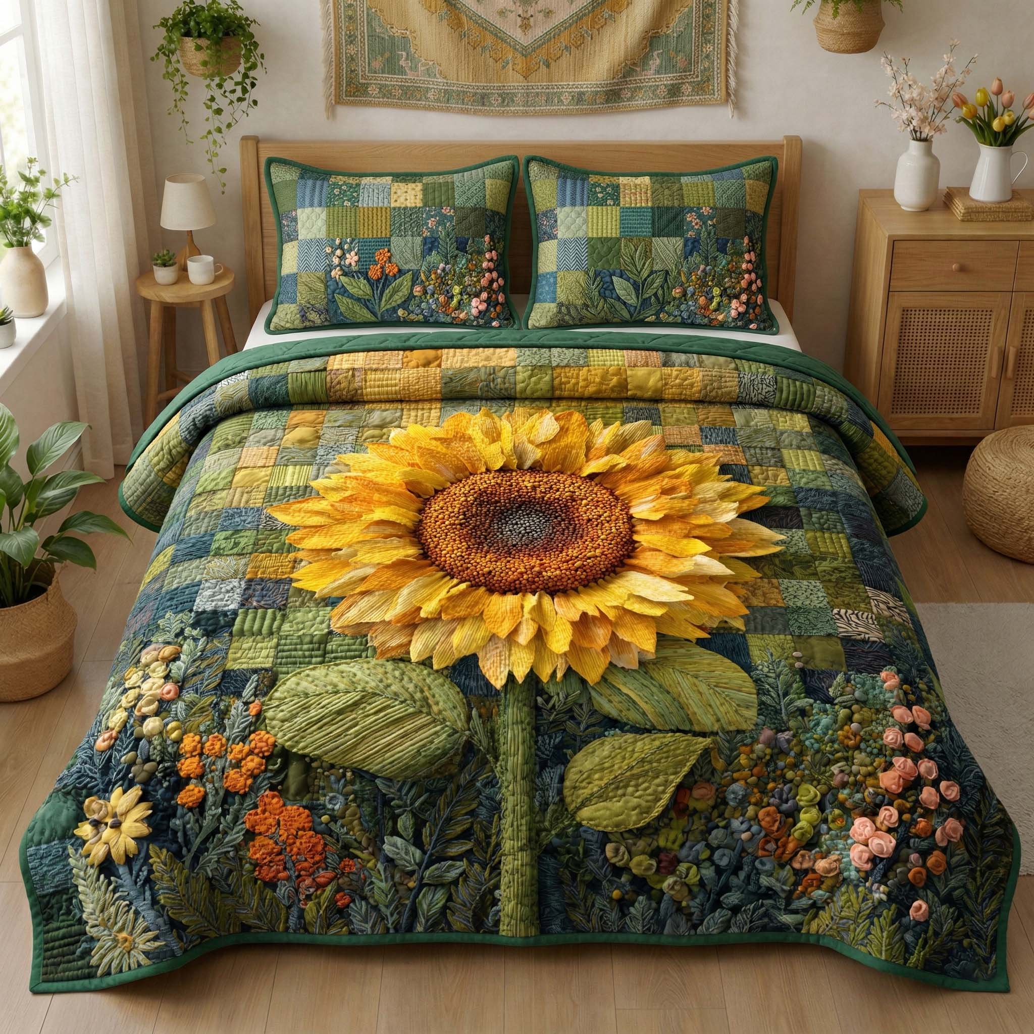 Golden Sunflower Quilted Bedding Set Best Bedsheets Sunflower Gifts For Grandma