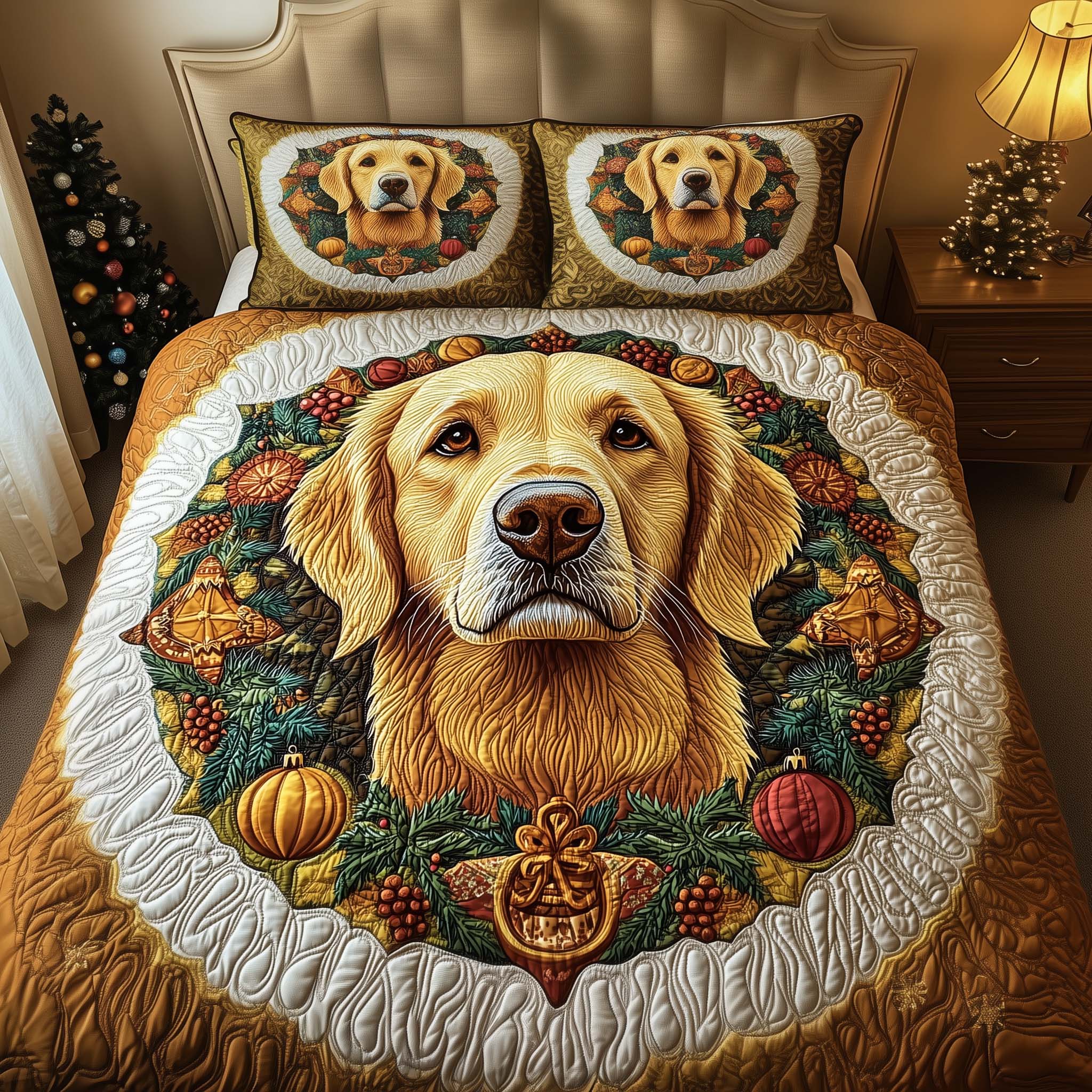 Golden Wreath Quilted Bedding Set Best Christmas Comforters Grandma Presents For Christmas