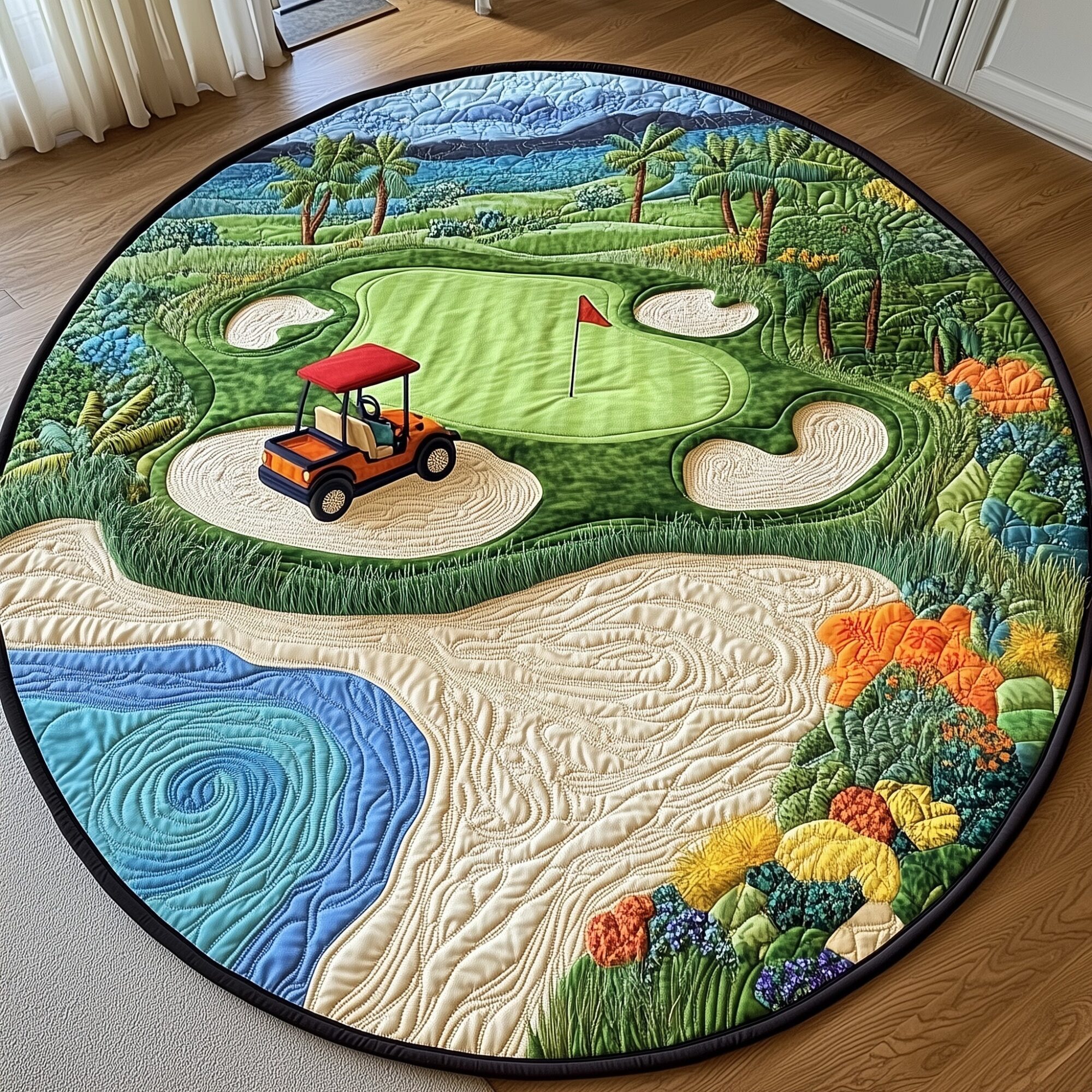 Golf Course Quilted Round Mat Decorative Quilted Round Mat for Elegant Spaces