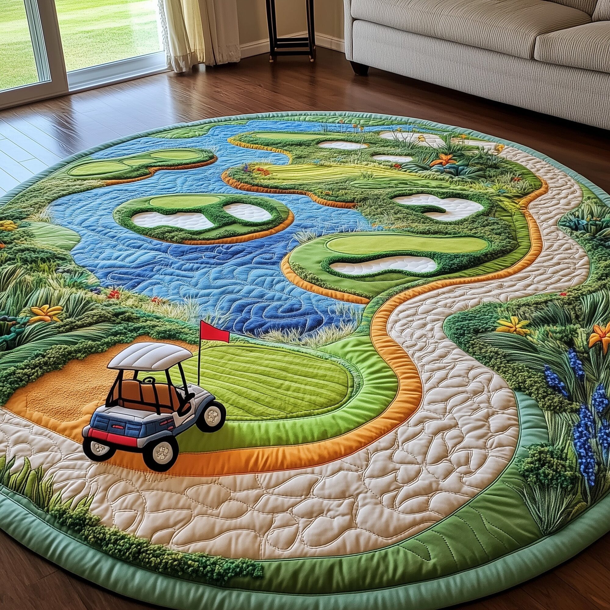 Golf Course Quilted Round Mat Elegant Quilted Round Mat to Enhance Your Room