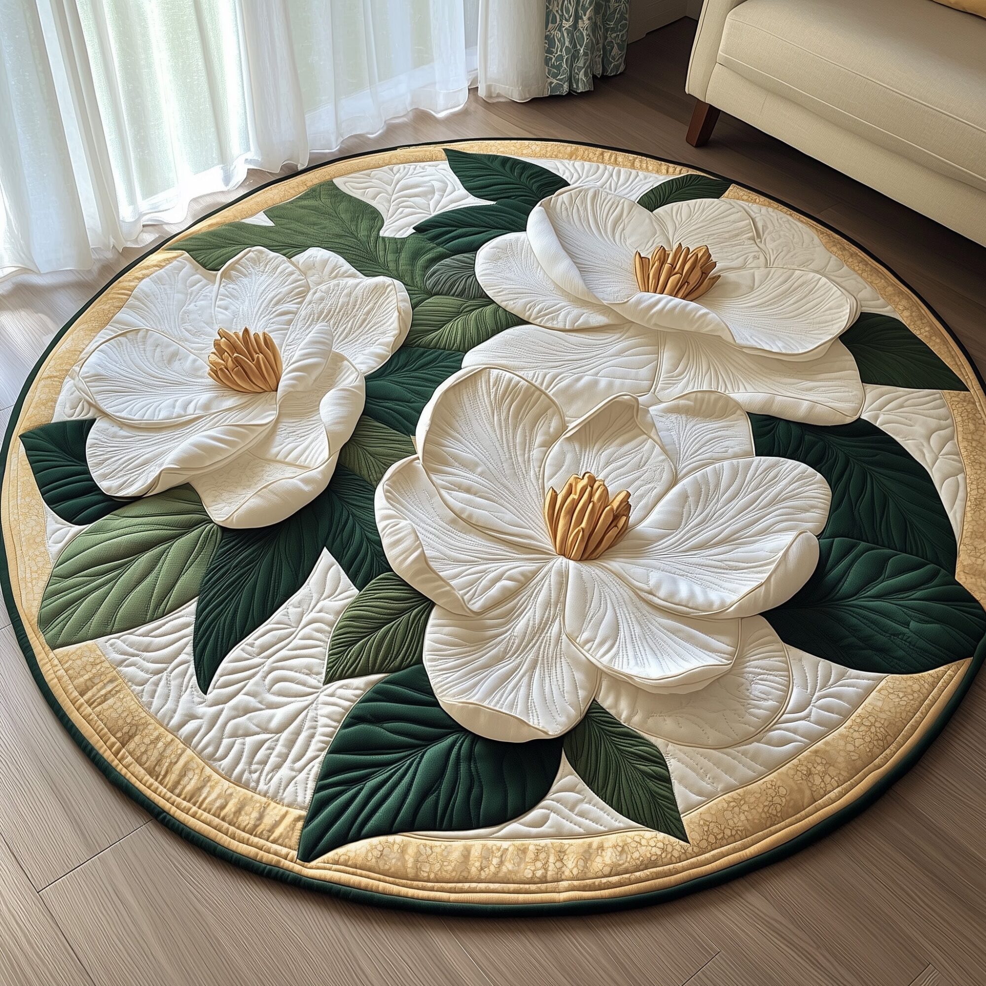 Graceful Magnolia Quilted Round Mat Durable Quilted Round Mat for Everyday Use