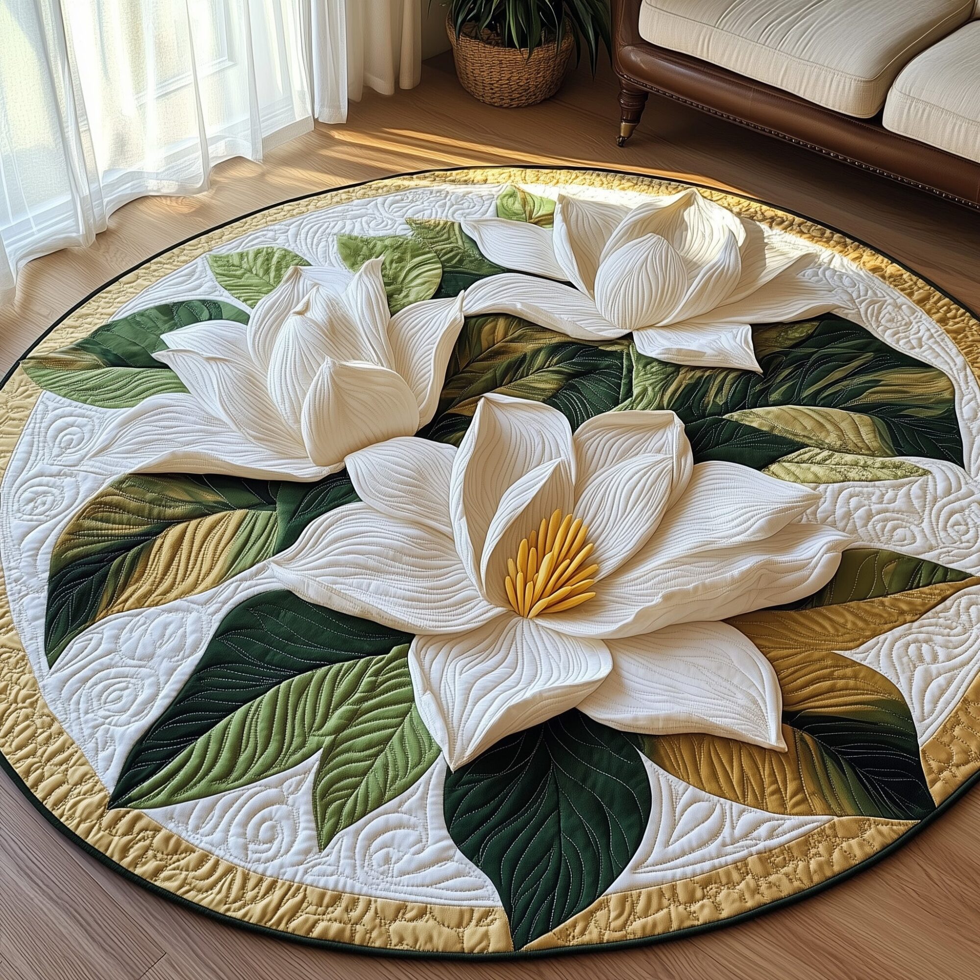 Graceful Magnolia Quilted Round Mat Durable Quilted Round Mat for Everyday Use