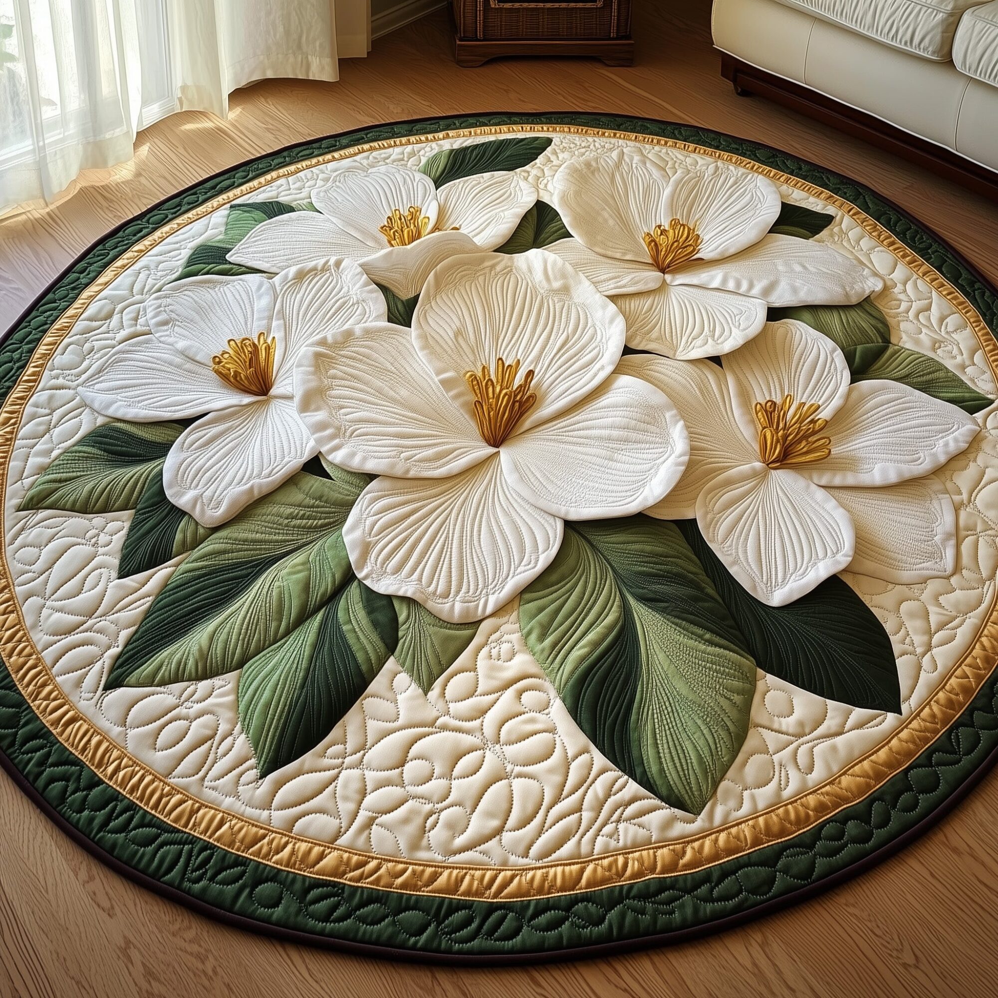 Graceful Magnolia Quilted Round Mat Eco-Friendly Quilted Round Mat for Sustainable Living