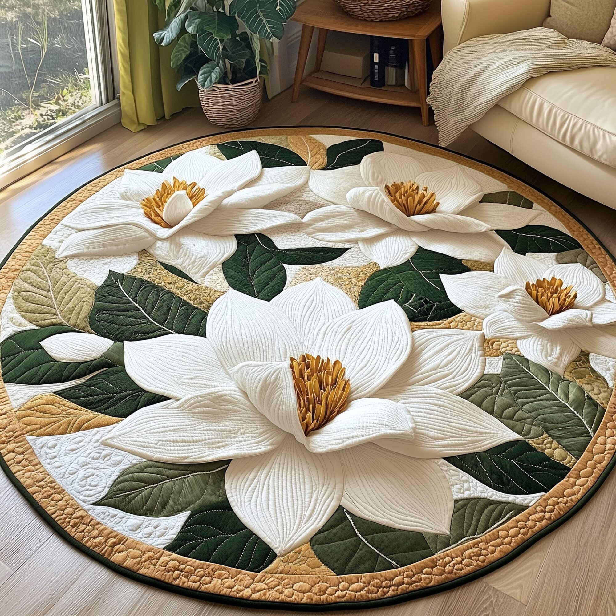 Graceful Magnolia Quilted Round Mat Vibrant Quilted Round Mat to Brighten Your Room