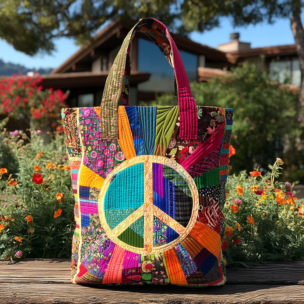 Groovy Peace Quilted Tote Bag The Best Shoulder Bags Hippie Gift Ideas