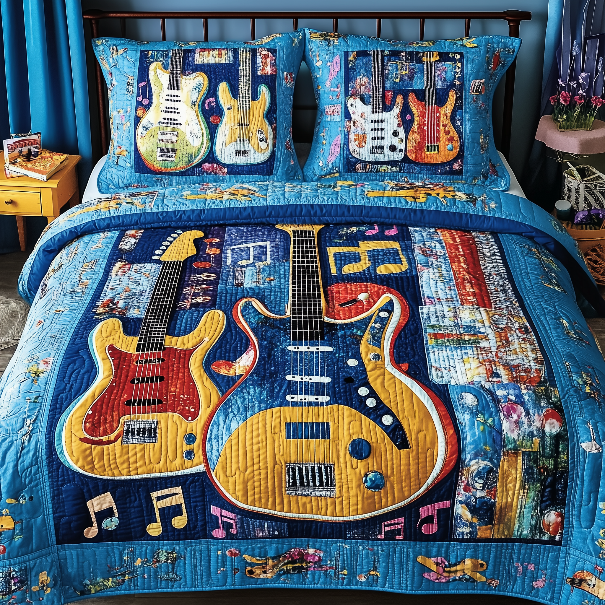 Guitars Quilted Bedding Set Best King Sheet Set Gifts For Guitar Lovers
