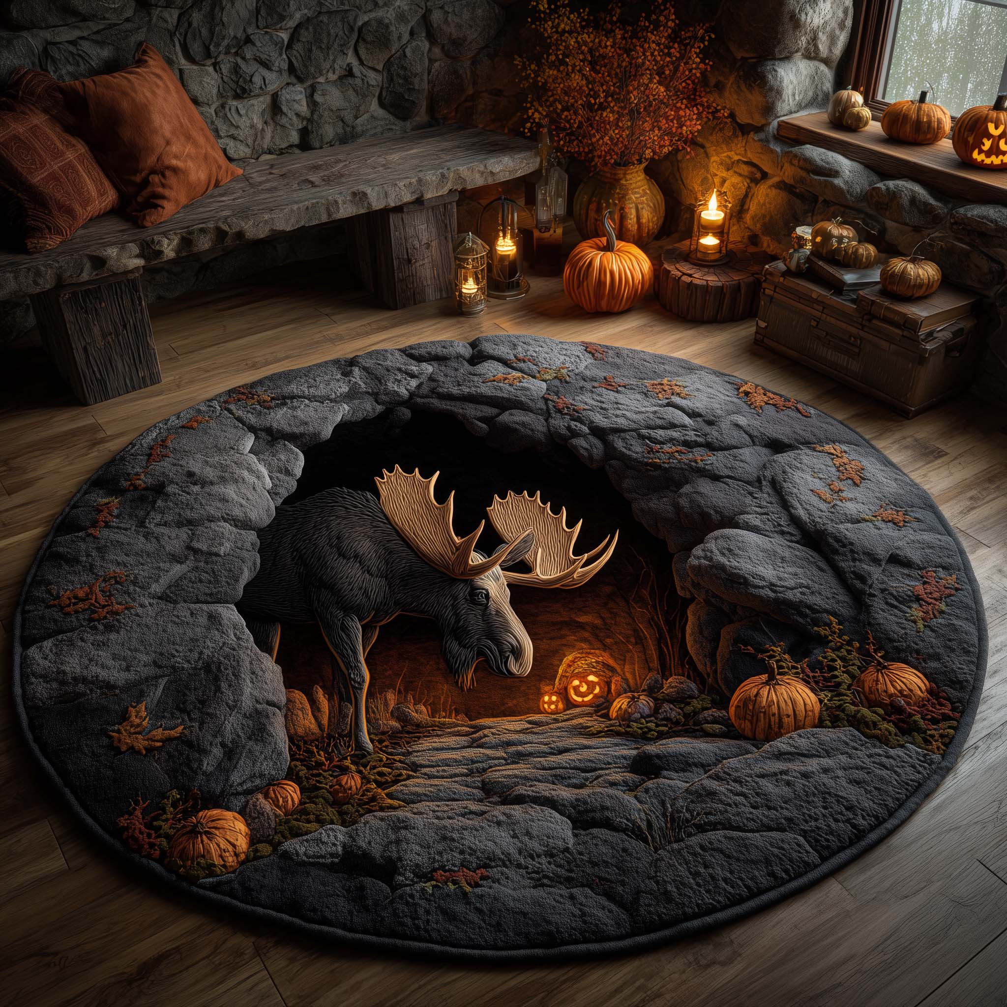 Halloween Cave Moose Quilted Round Mat Cozy Quilted Round Mat for Warm Ambiance