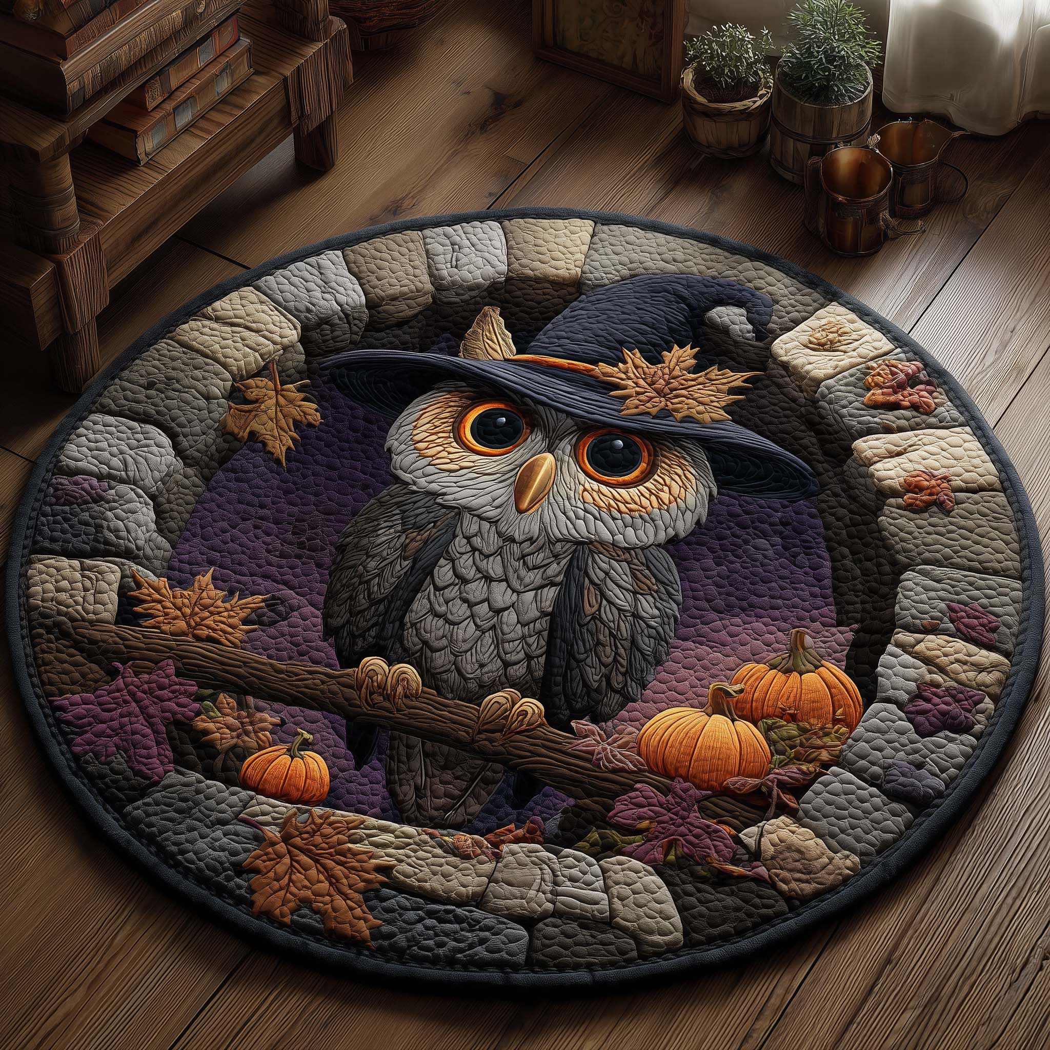 Halloween Witch Owl Quilted Round Mat Cozy Quilted Round Mat for Warm Ambiance