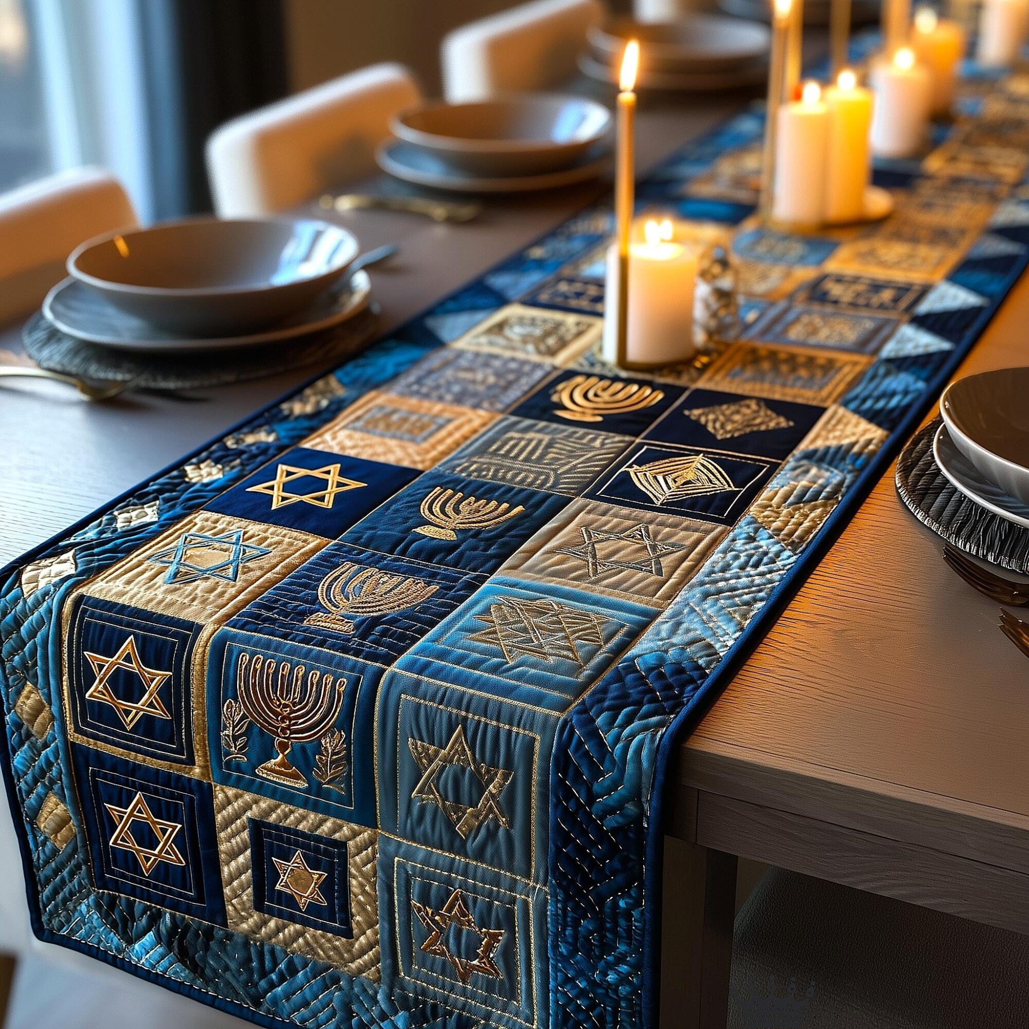 Hanukkah Glow Quilted Table Runner Holiday Dining Table Decor Hanukkah Gift Suggestions