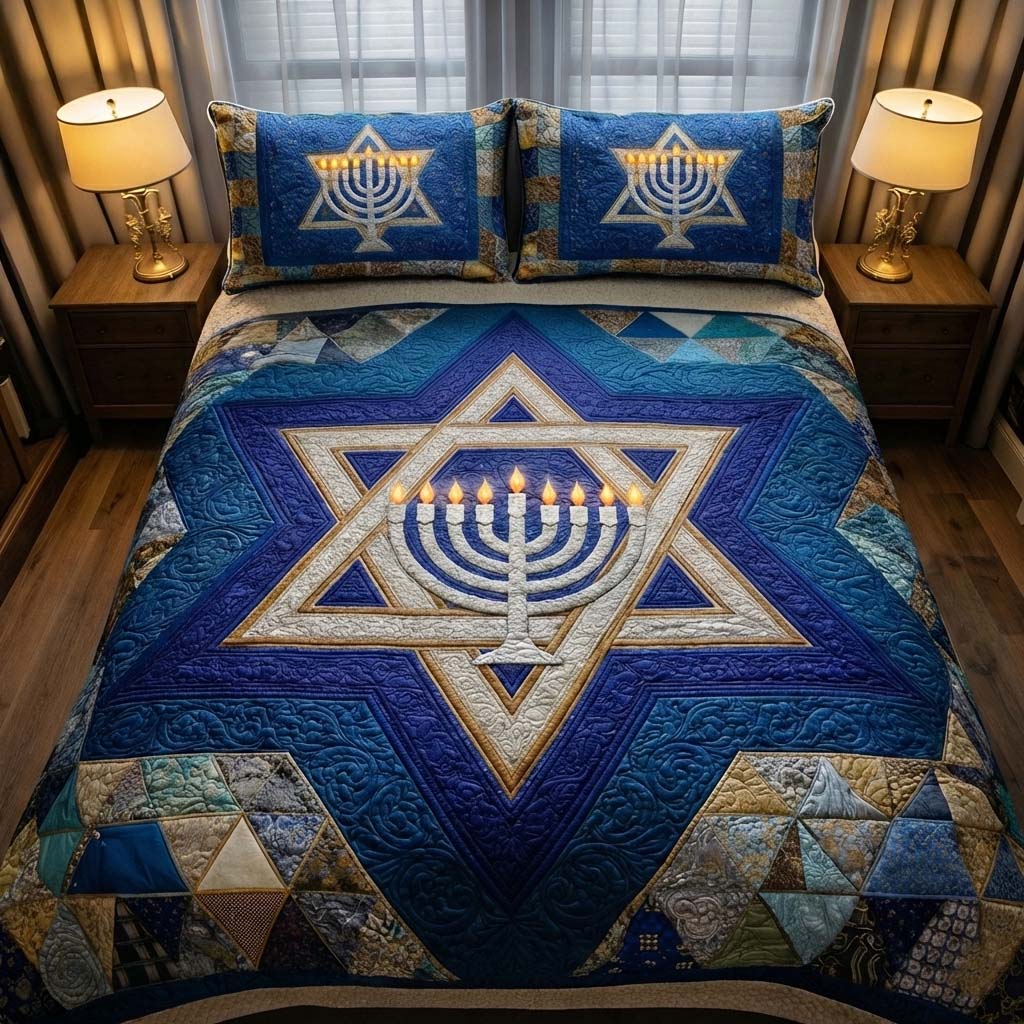 Hanukkah Quilted Bedding Set Boho Bedroom Decor Gifts For Jewish Friends