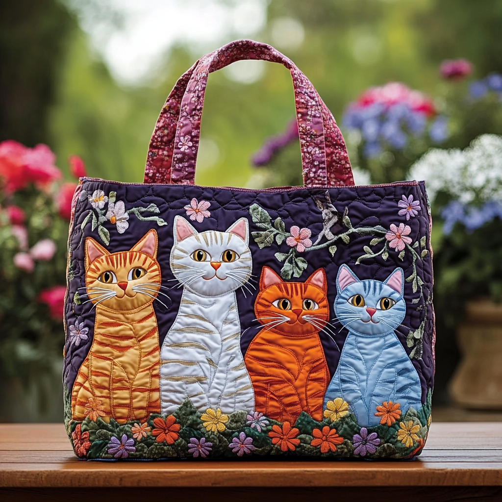 Happy Cat Quilted Tote Bag Shoulder Handbag Cat Person Gifts