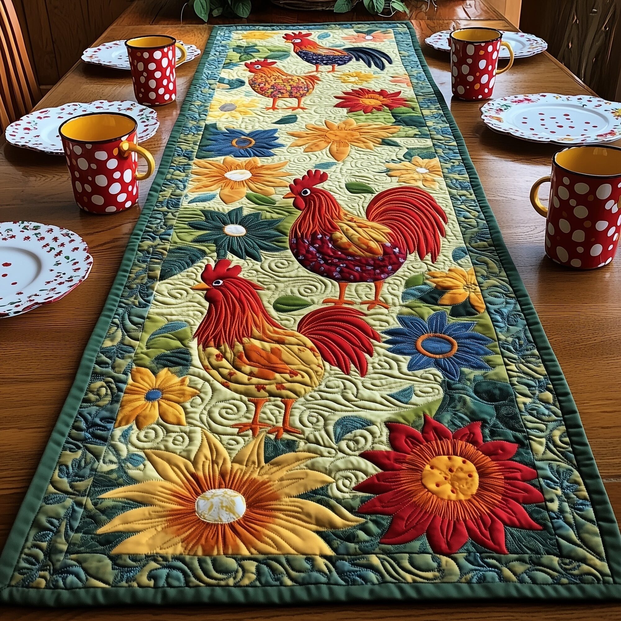 Happy Chicken Farm Quilted Table Runner Dining Room Table Decor Gift Ideas For Chicken Owners