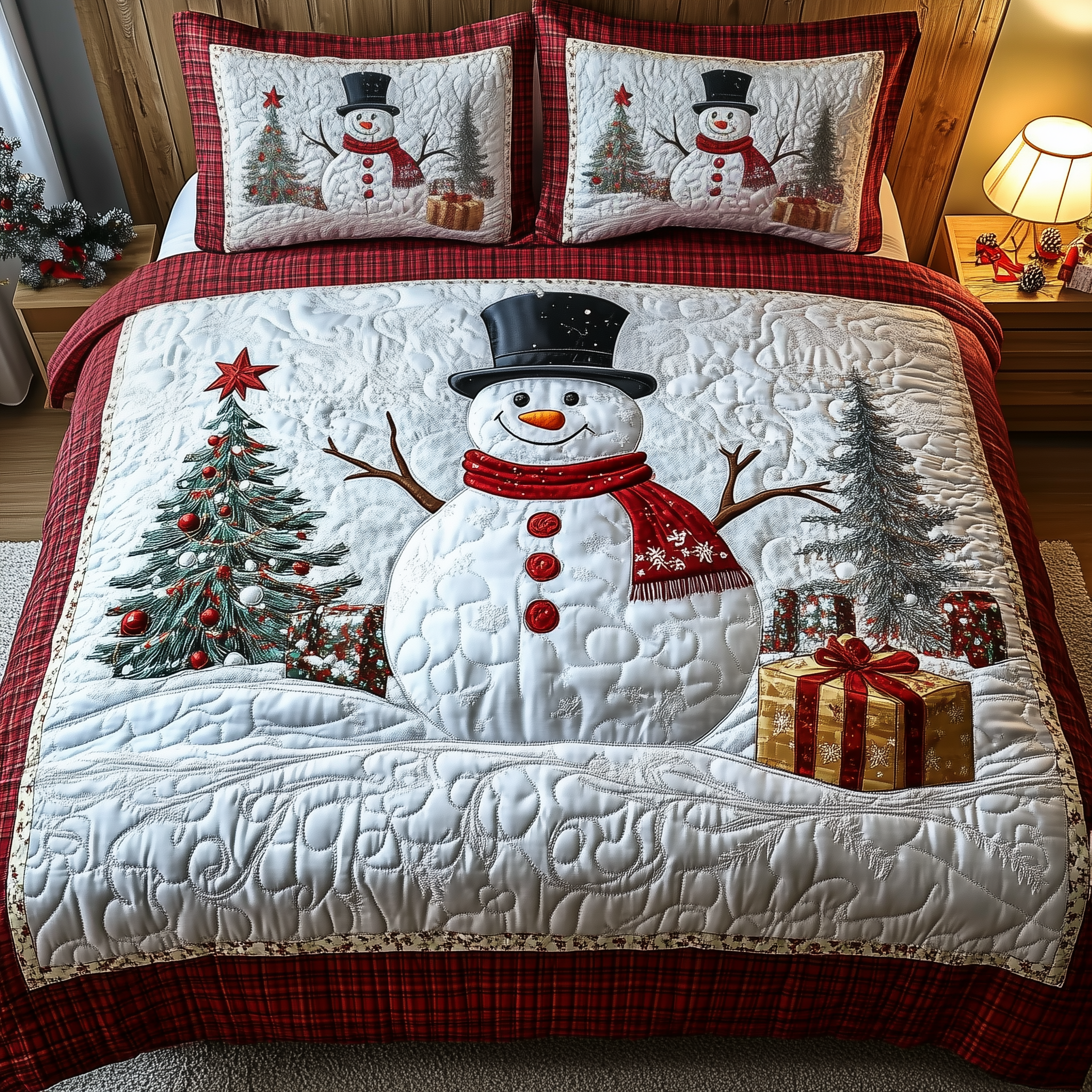 Happy Snowman Quilted Bedding Set Christmas Comforter Queen Family Christmas Presents