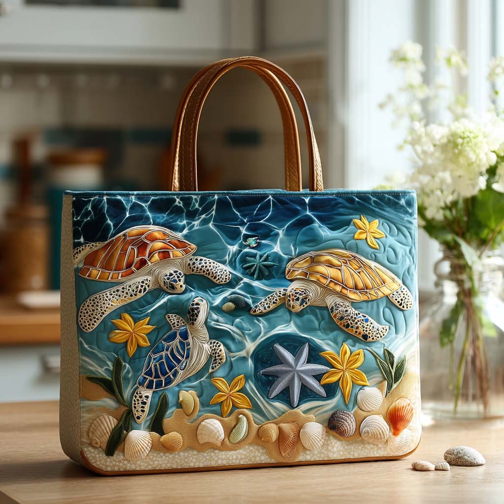 Happy Turtle Stroll Quilted Tote Bag Handbags Gifts For Sea Turtle Lovers