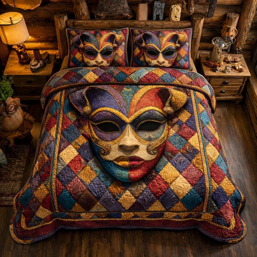 Harlequin Face Quilted Bedding Set Best King Sheets Mardi Gras Gifts For Women