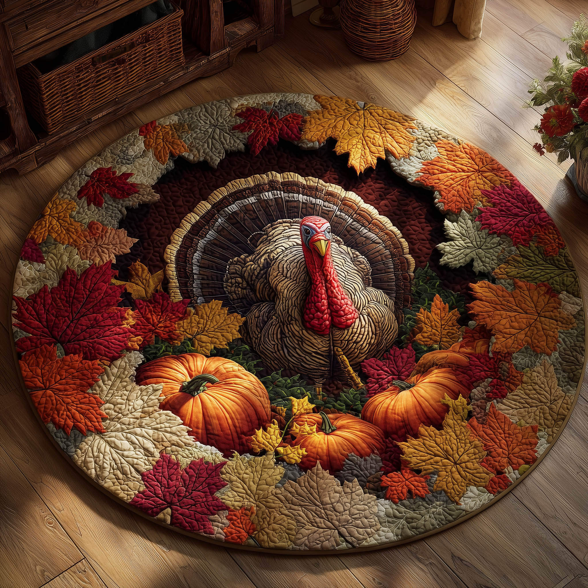 Harvest Turkey Quilted Round Mat Decorative Quilted Round Mat for Elegant Spaces