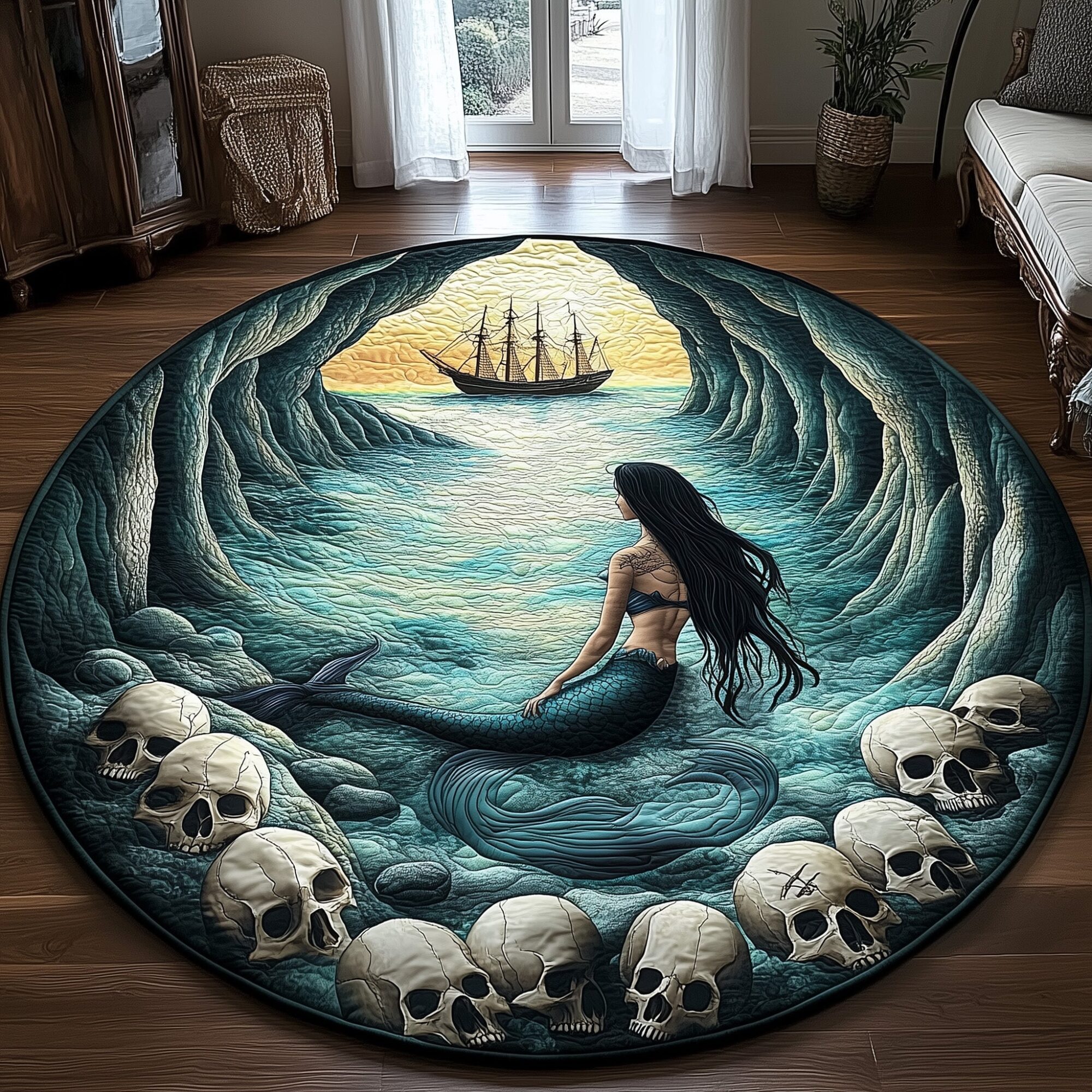 Haunting Mermaid Beauty Quilted Round Mat Vibrant Quilted Round Mat to Brighten Your Room