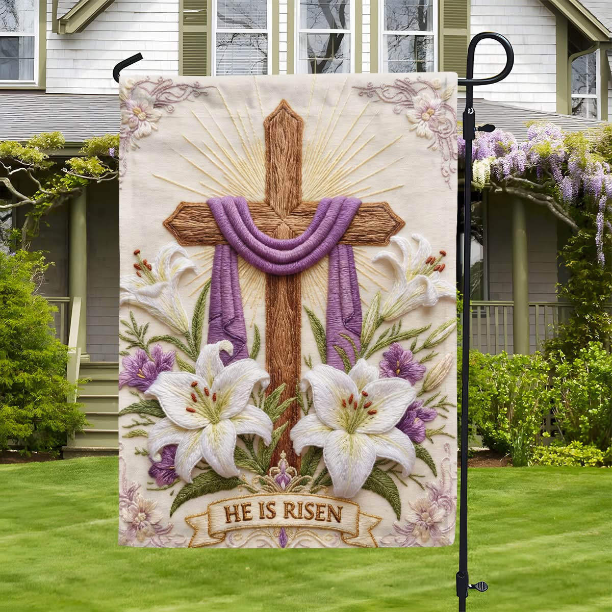 He Is Risen Garden Flag Easter Cross White Lilies Outdoor Decor Religious Housewarming Gift