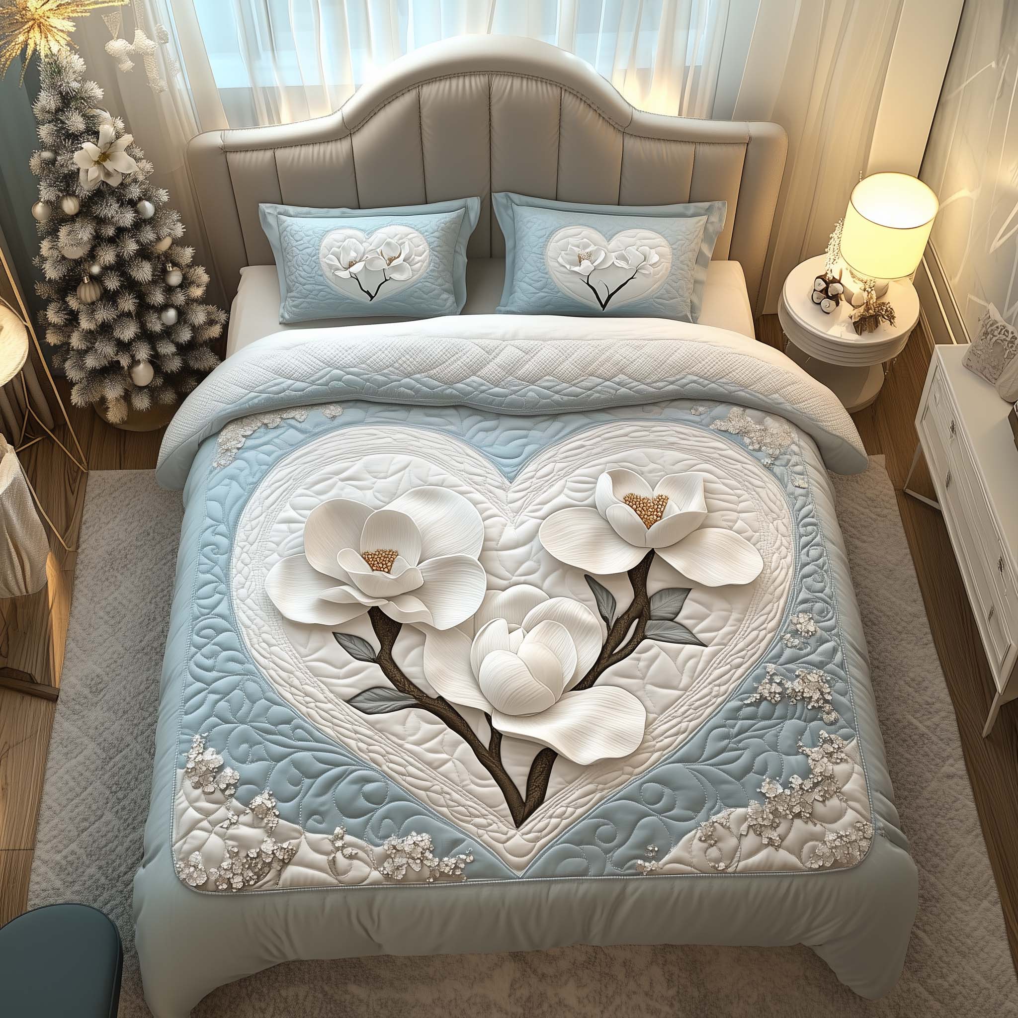 Heart Magnolia Quilted Bedding Set Bedroom Decorations Mother's Day Gifts For Mom