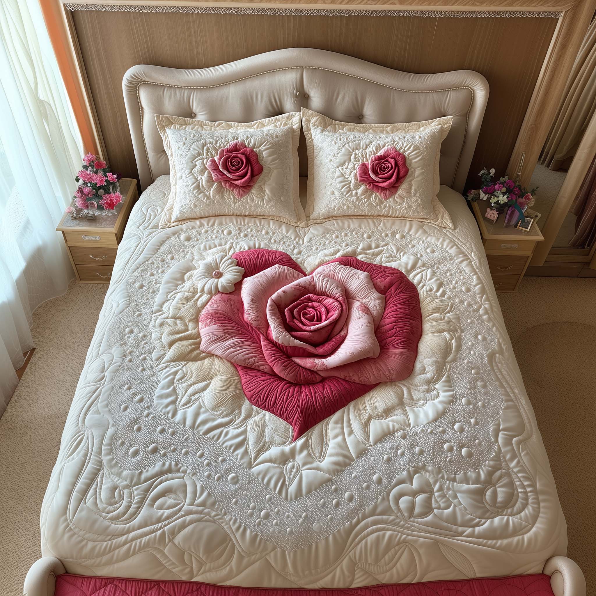 Heart Rose Quilted Bedding Set Bed Comforter Sets Last Minute Mother's Day Ideas