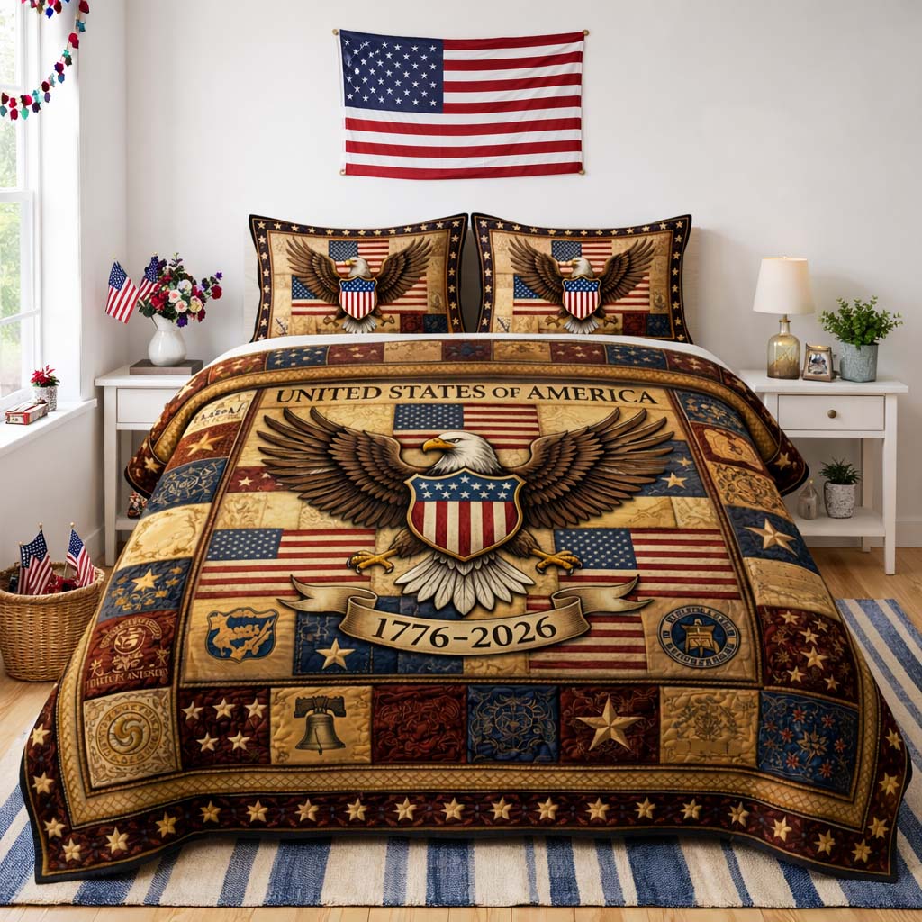 Heritage Eagle Quilted Bedding Set Unique Bed Sheet Set Best 4Th Of July Gifts