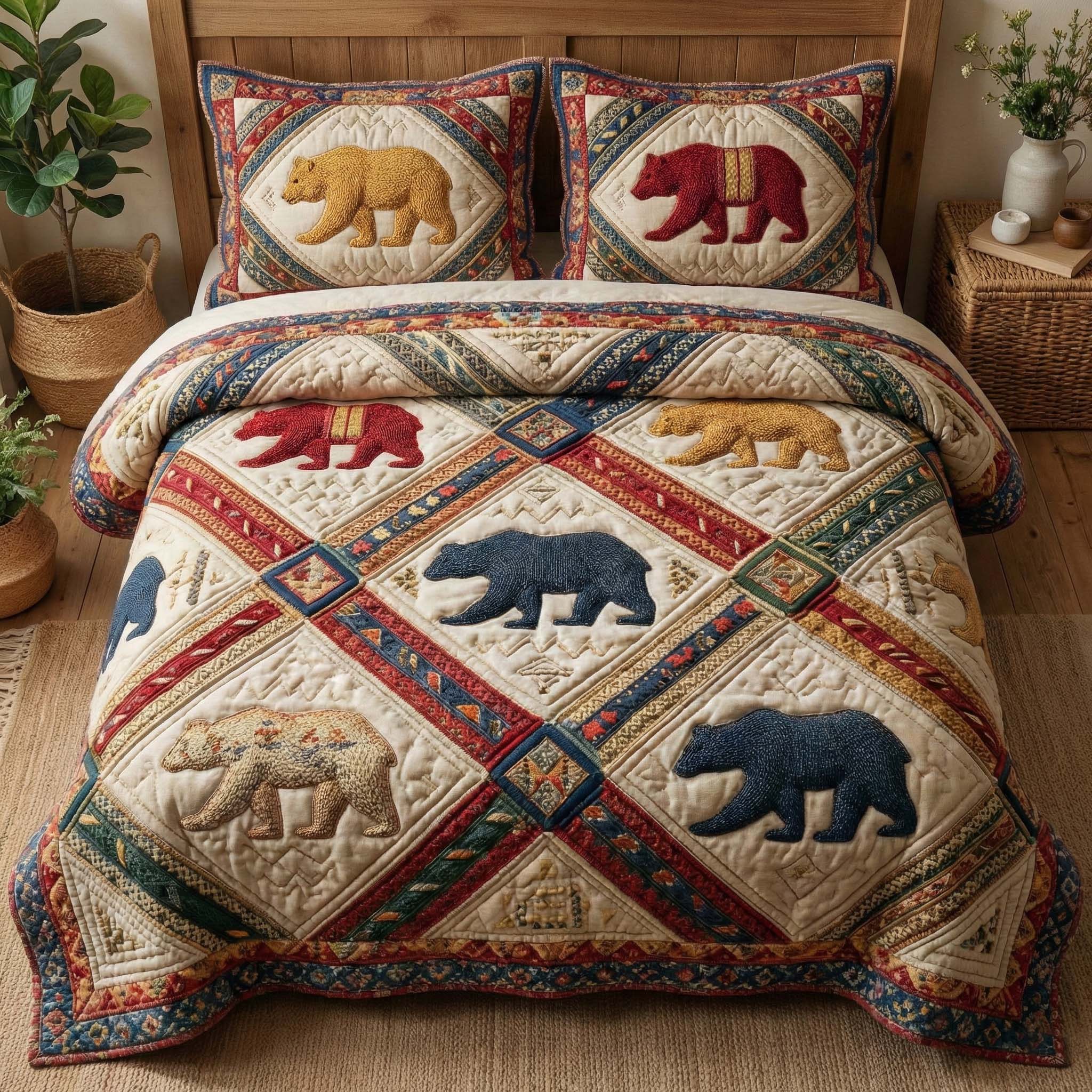 Heritage Patch Bear Quilted Bedding Set Comforter And Sheet Sets Gift Ideas For Bear Lovers