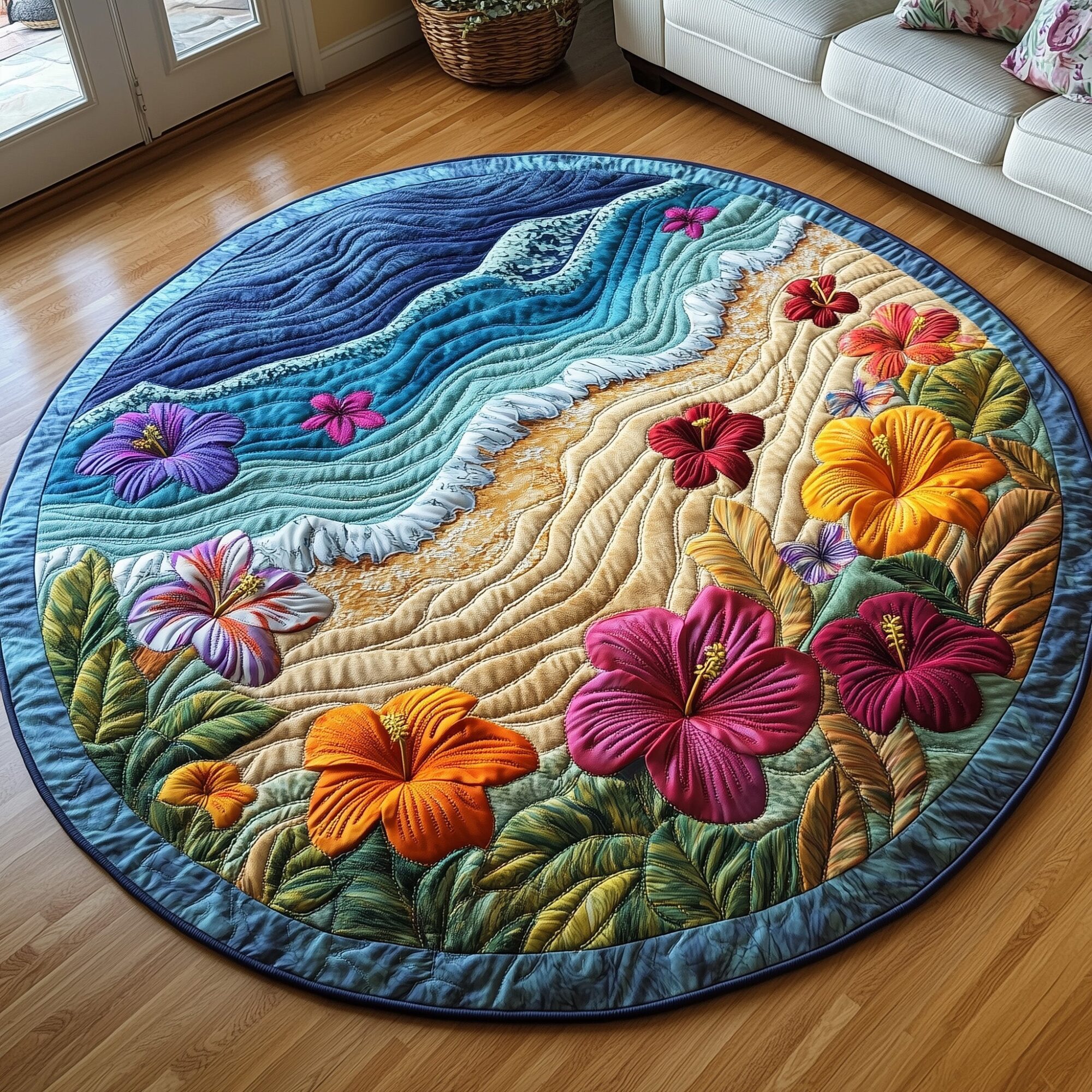 Hibiscus Shoreline Quilted Round Mat Decorative Quilted Round Mat for Elegant Spaces