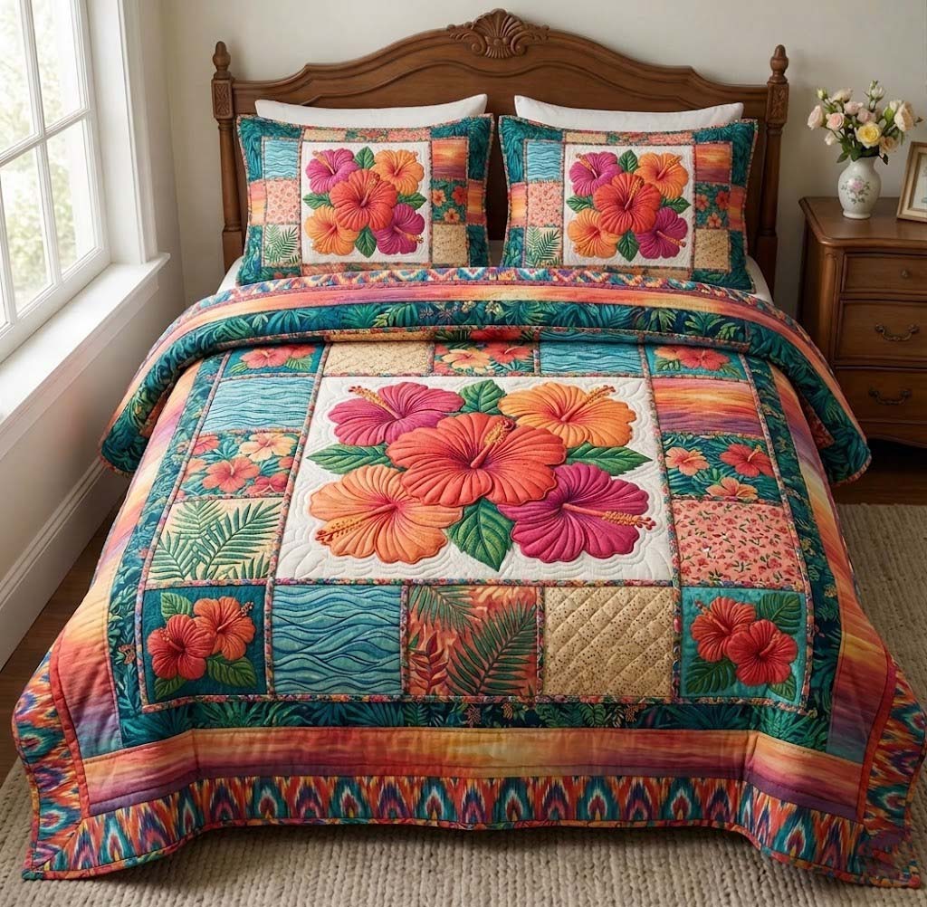 Hibiscus Whisper Quilted Bedding Set Unusual Bed Sheets Mothers Day Present Ideas