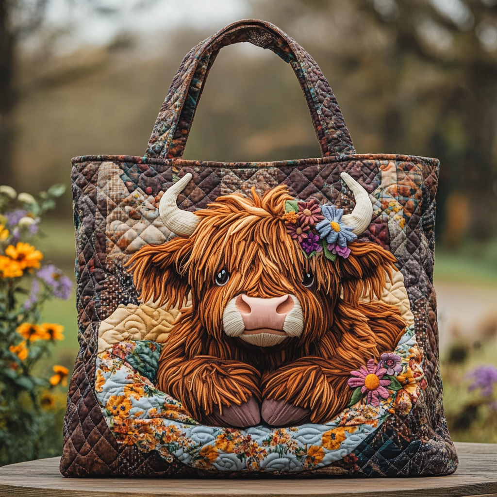 Highland Cow Blossom Quilted Tote Bag Trendy Shoulder Bags Highland Cow Gifts For Women