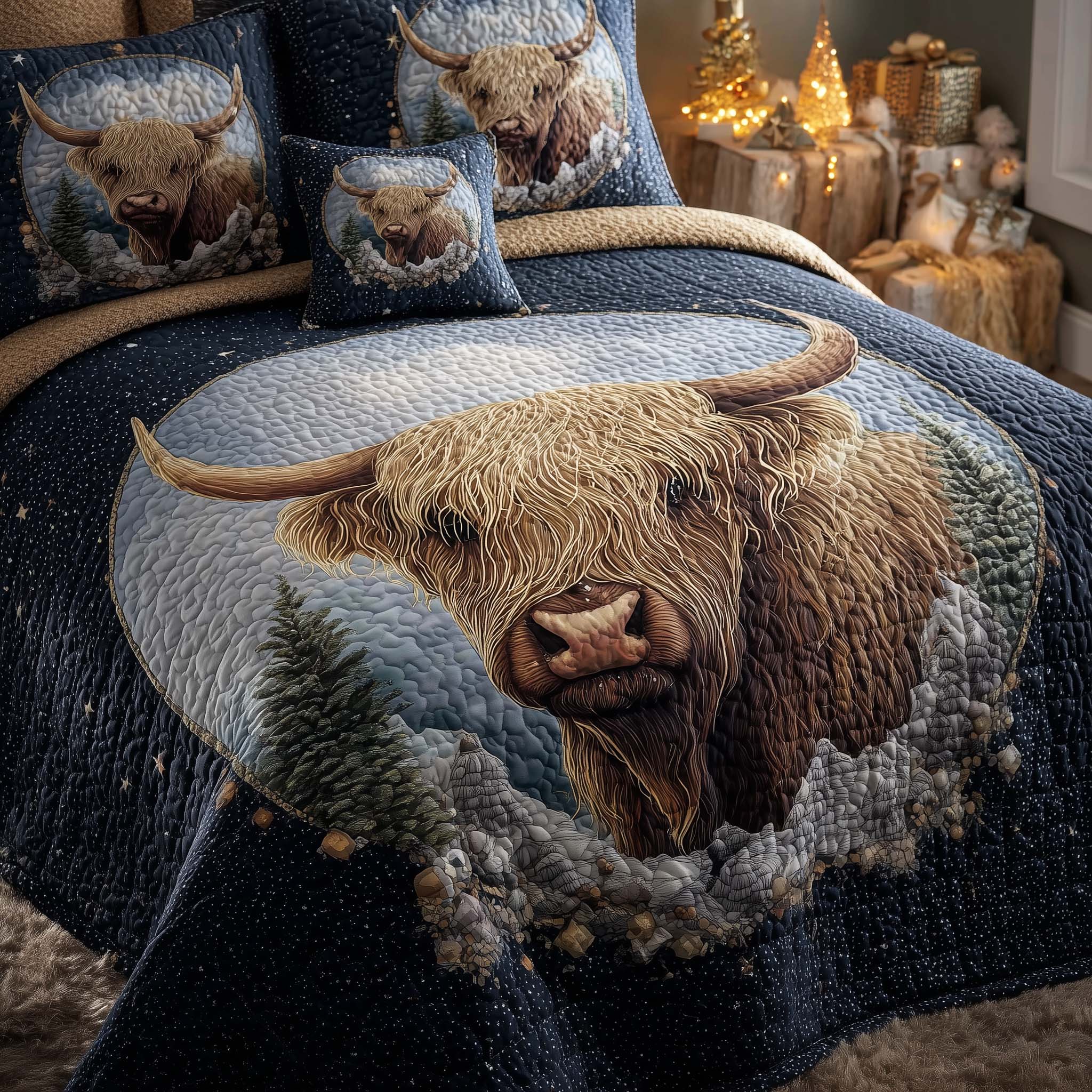 Highland Cow Dream Quilted Bedding Set Christmas Bedding Queen Xmas Gift Ideas For Grandma