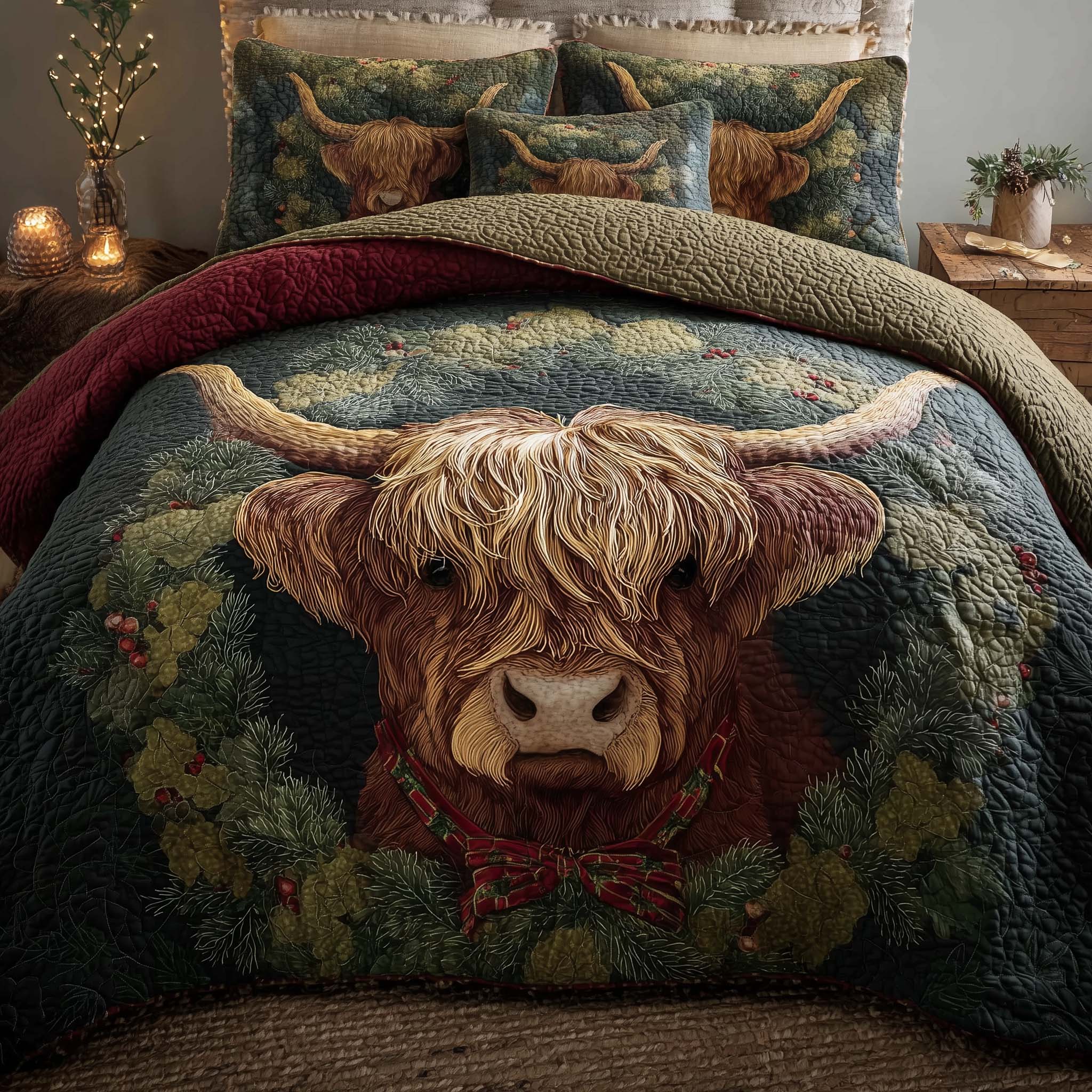 Highland Cow Dream Quilted Bedding Set Christmas Beddings Grandma Gifts For Xmas