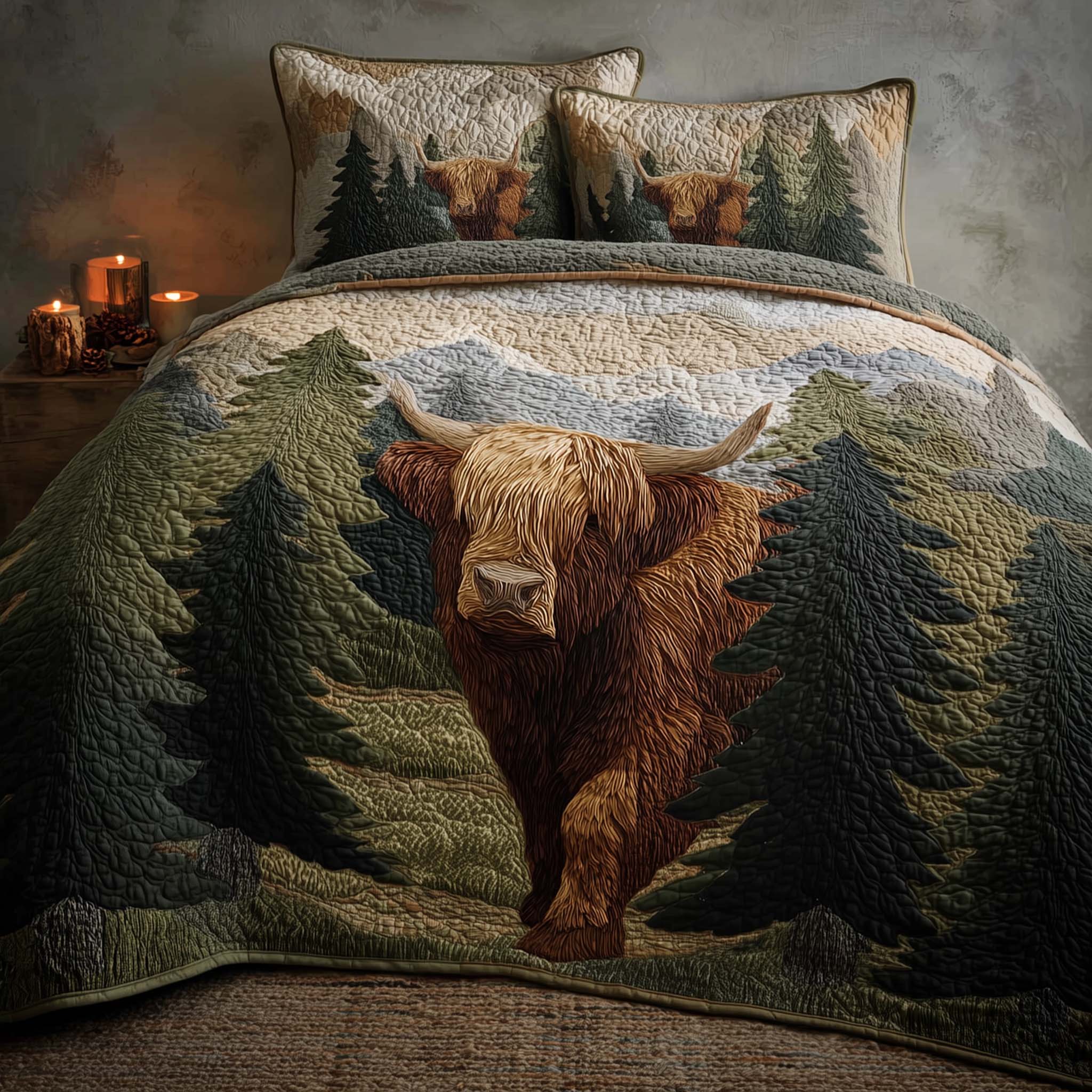 Highland Cow Dream Quilted Bedding Set Christmas Bedspreads Grandmother Xmas Gifts