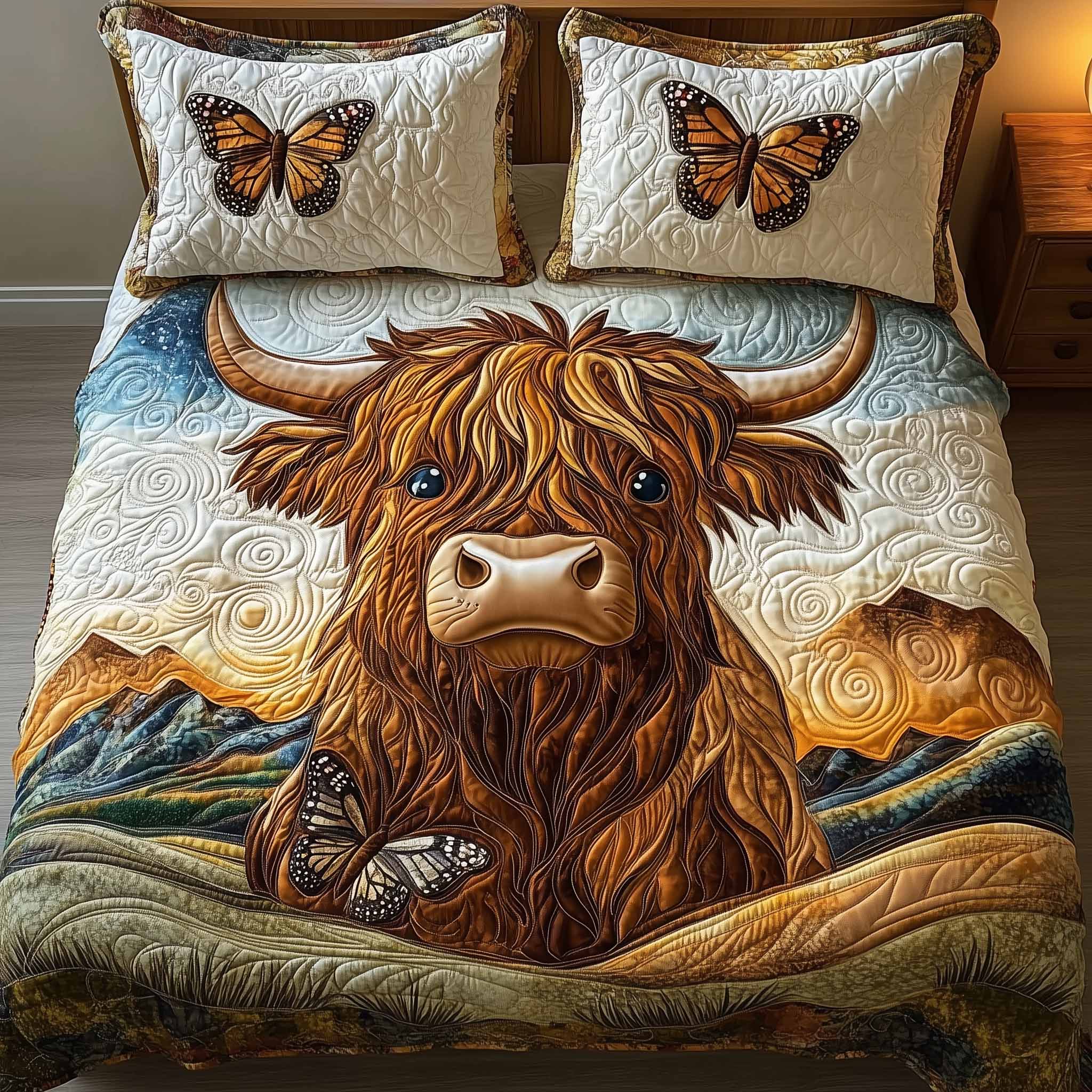 Highland Hearts Quilted Bedding Set Bed Room Decoration Cute Cow Themed Gifts