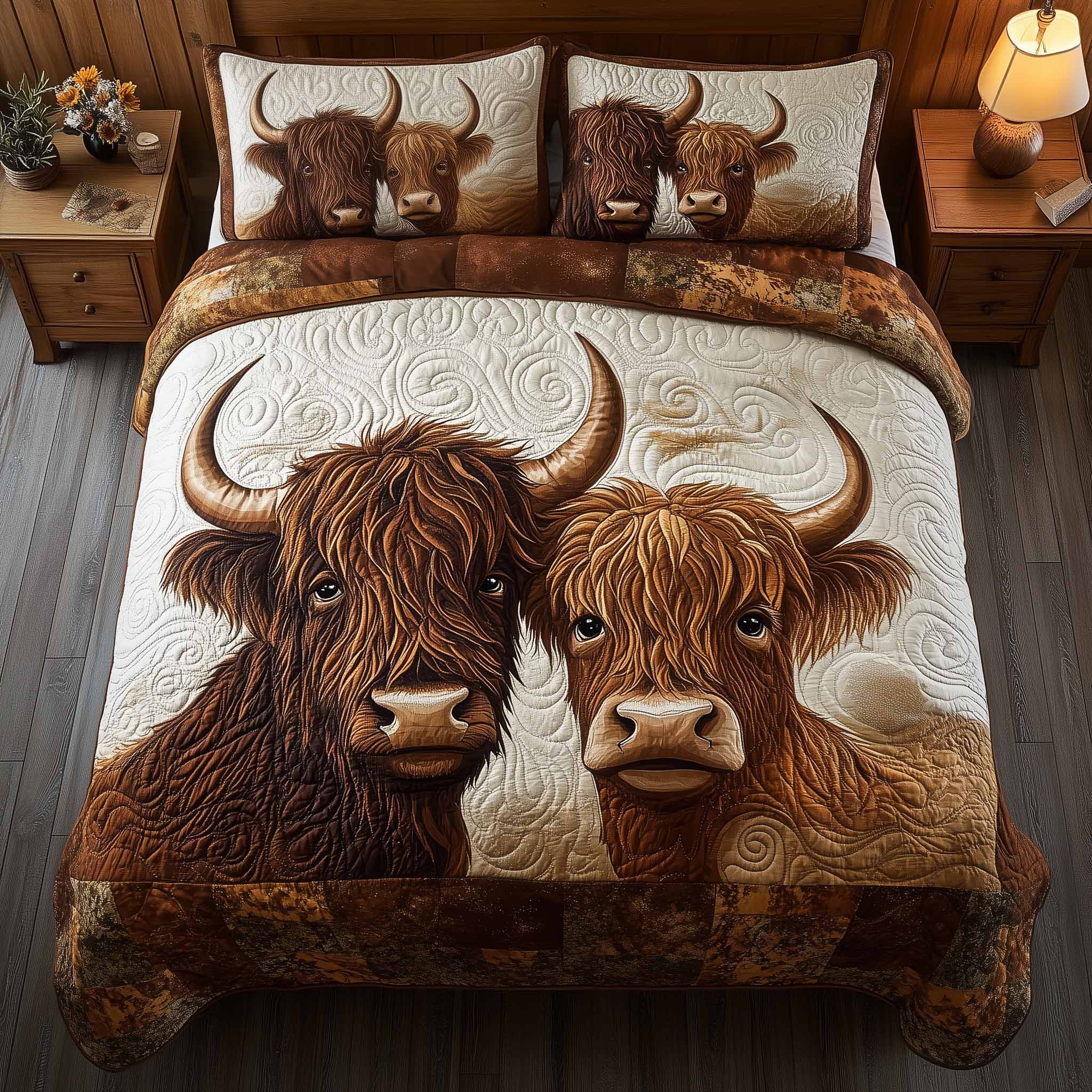 Highland Hearts Quilted Bedding Set Over The Bed Decor Unique Cow Gifts
