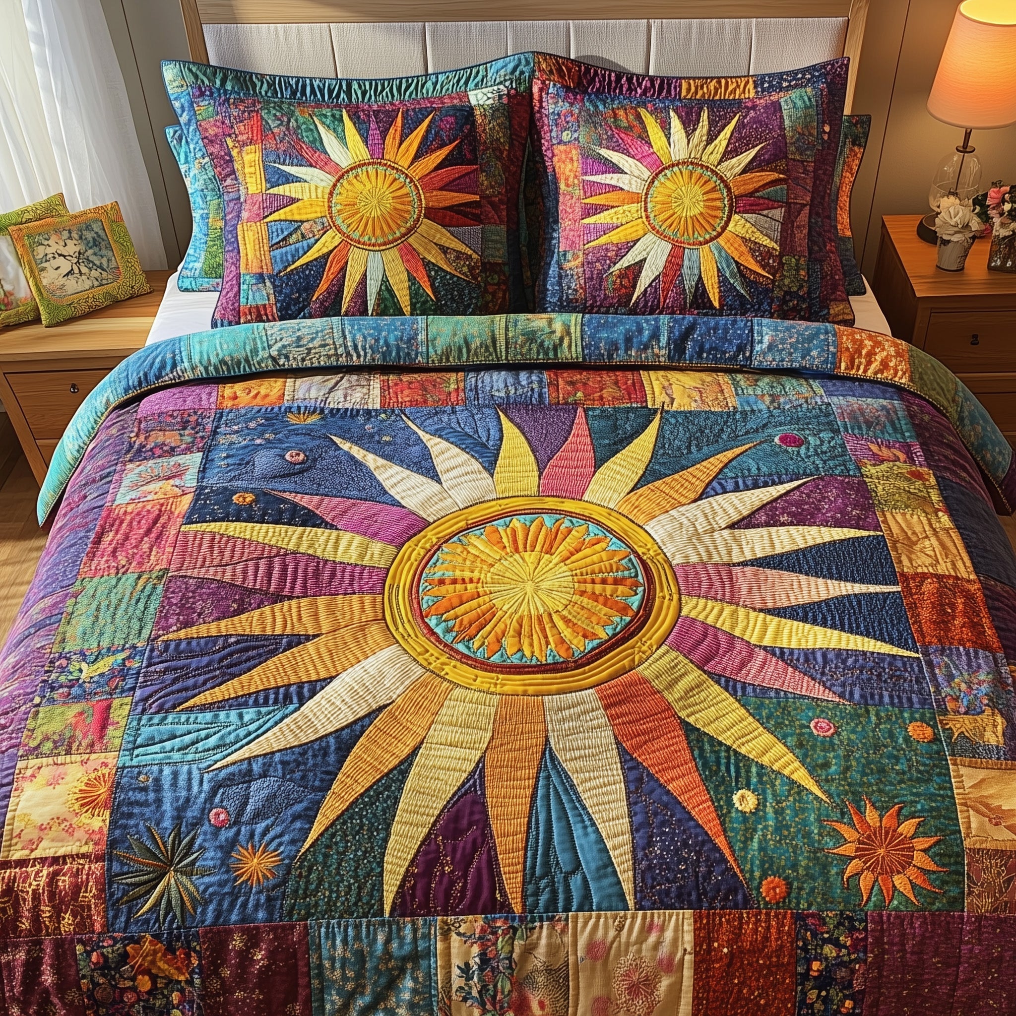 Hippie Sun Quilted Bedding Set Bed Decor Ideas Mother's Day Gift Ideas