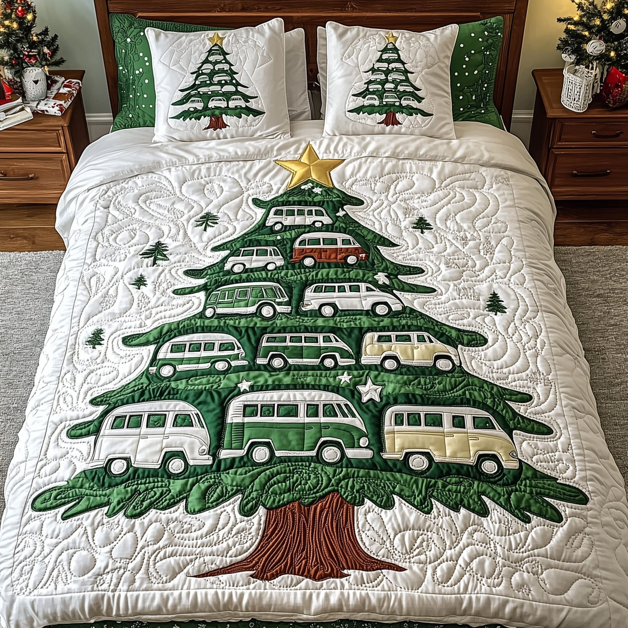 Holiday Camper Quilted Bedding Set Vintage Bus Christmas Tree Decor Best Xmas Bedding Gifts