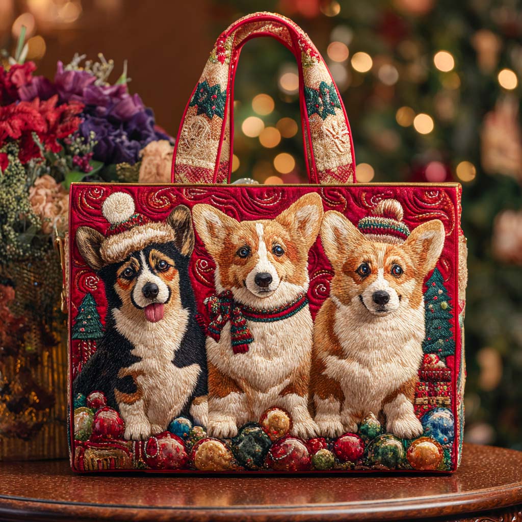 Holiday Corgis Quilted Tote Bag Shoulder Handbag Corgi Gift Ideas