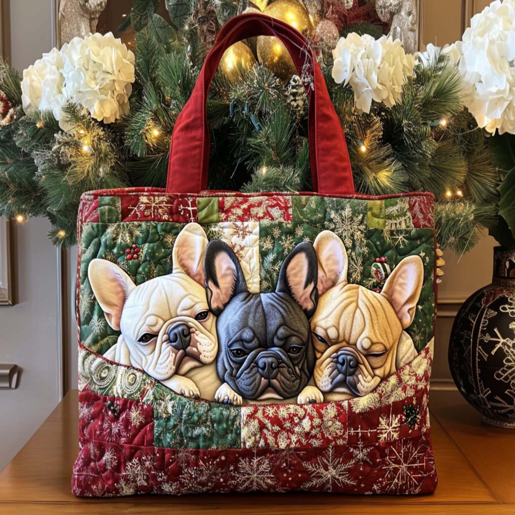 Holiday Frenchie Quilted Tote Bag Best Totes For Women French Bulldog Lover Gifts