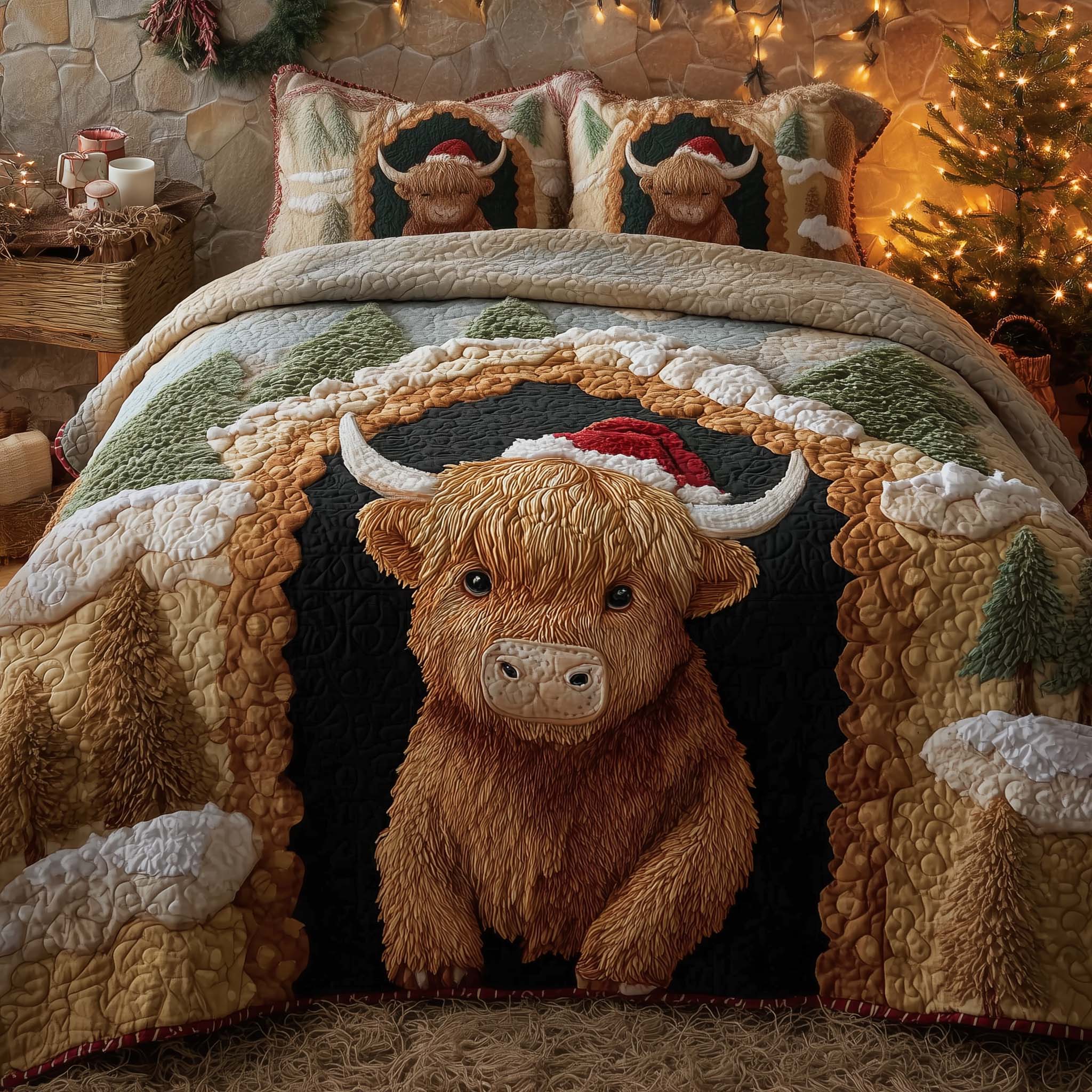 Holiday Highland Cow Quilted Bedding Set Christmas Bed Sheets Xmas Gifts For Grandma