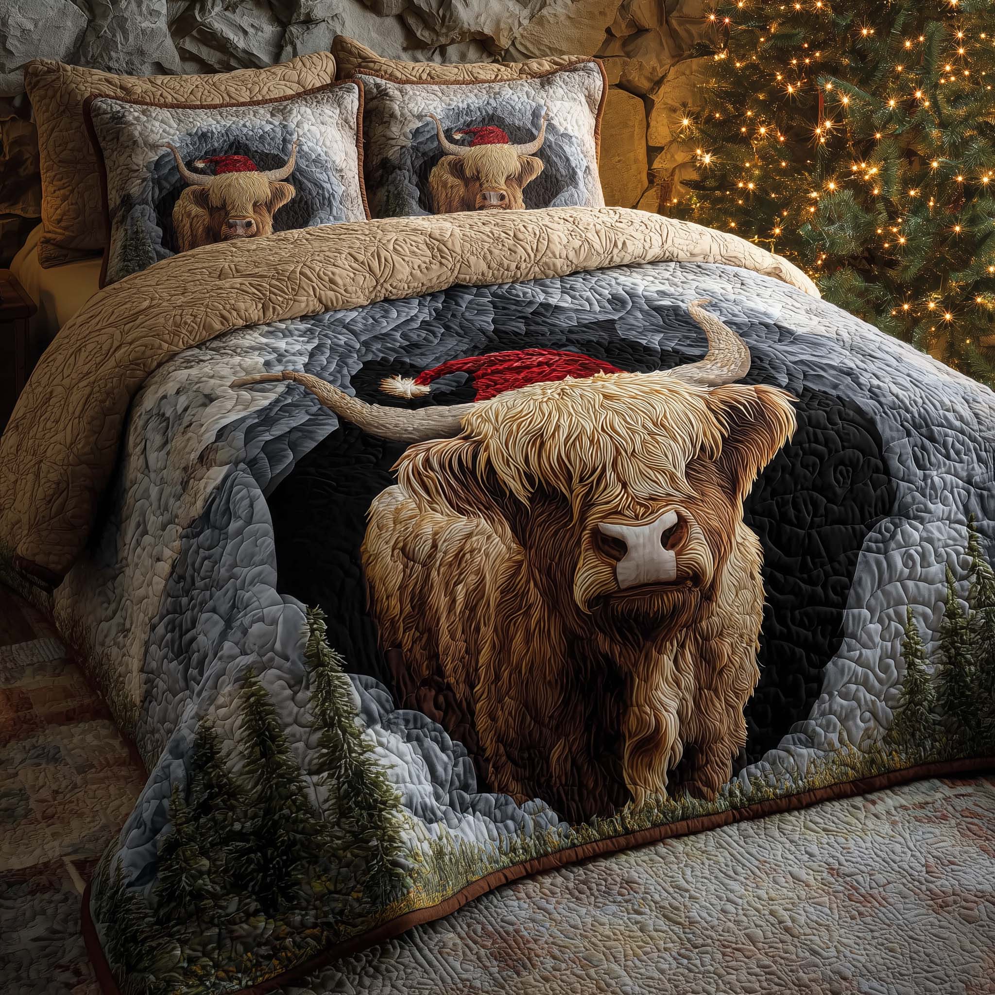 Holiday Highland Cow Quilted Bedding Set Christmas Sheets King Xmas Presents For Grandma