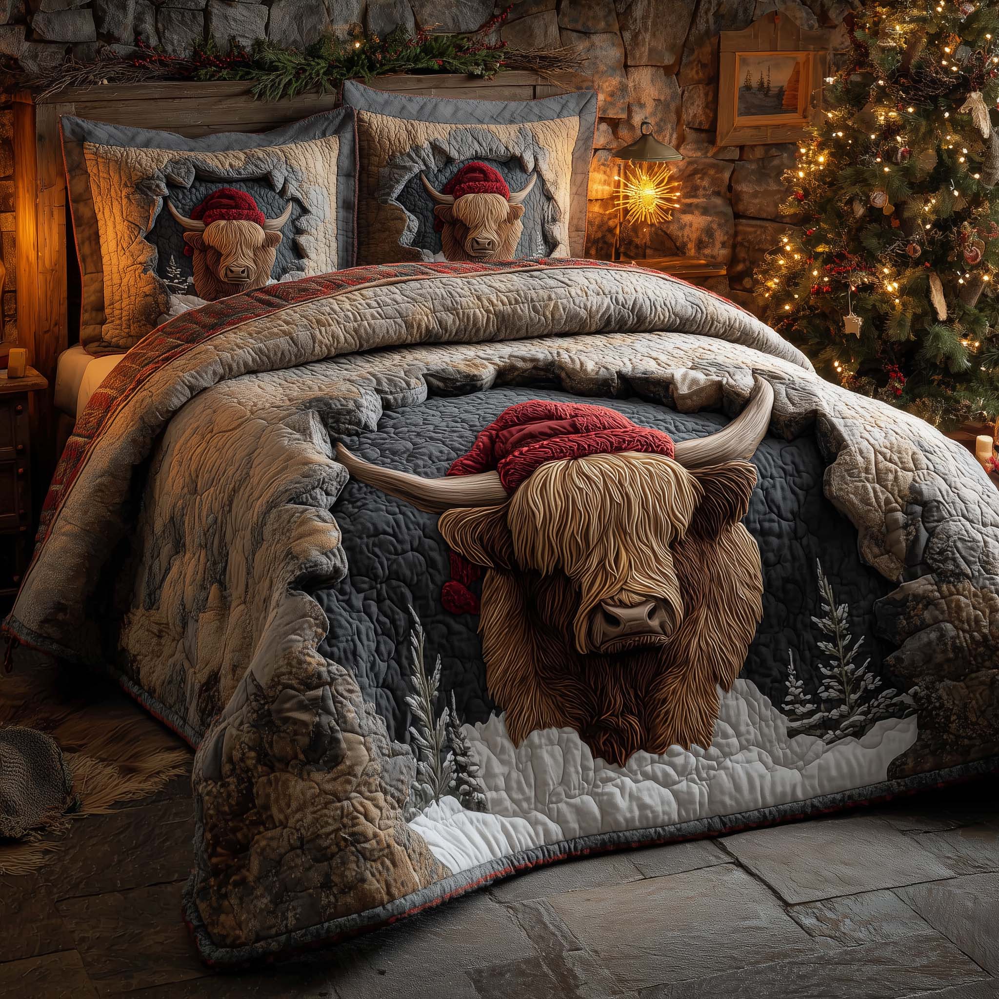Holiday Highland Cow Quilted Bedding Set Holiday Bedding Sets Christmas Presents For Boyfriend