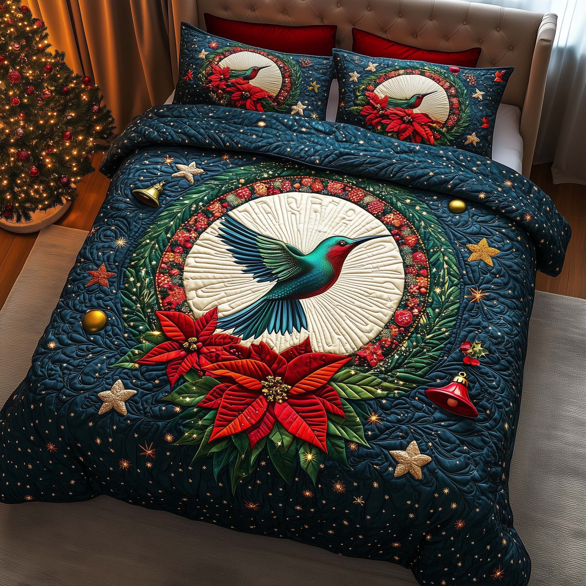Holiday Humming Quilted Bedding Set Christmas Duvet Cover King Best Hummingbird Lover Gifts For Her