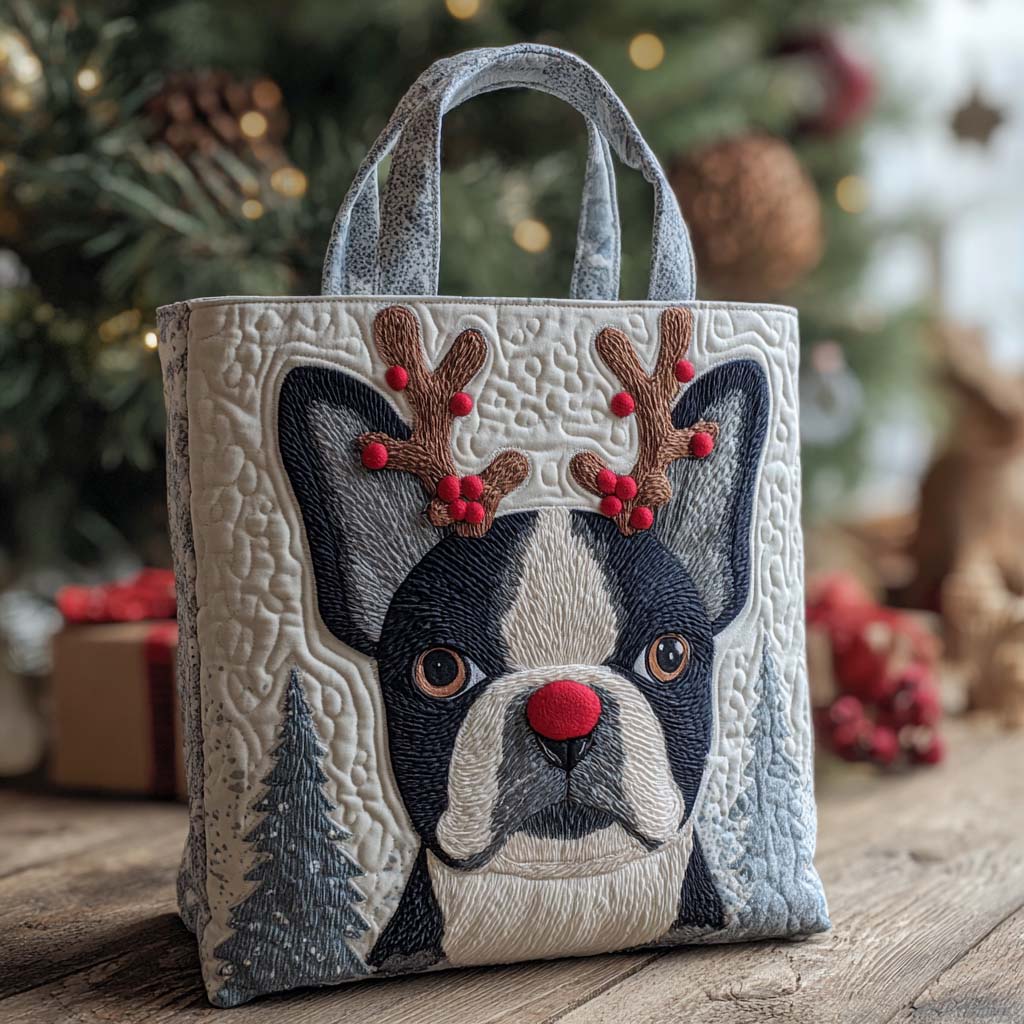 Holiday Reindeer Boston Quilted Tote Bag Cute Shoulder Bags Good Gifts For Dog Owners