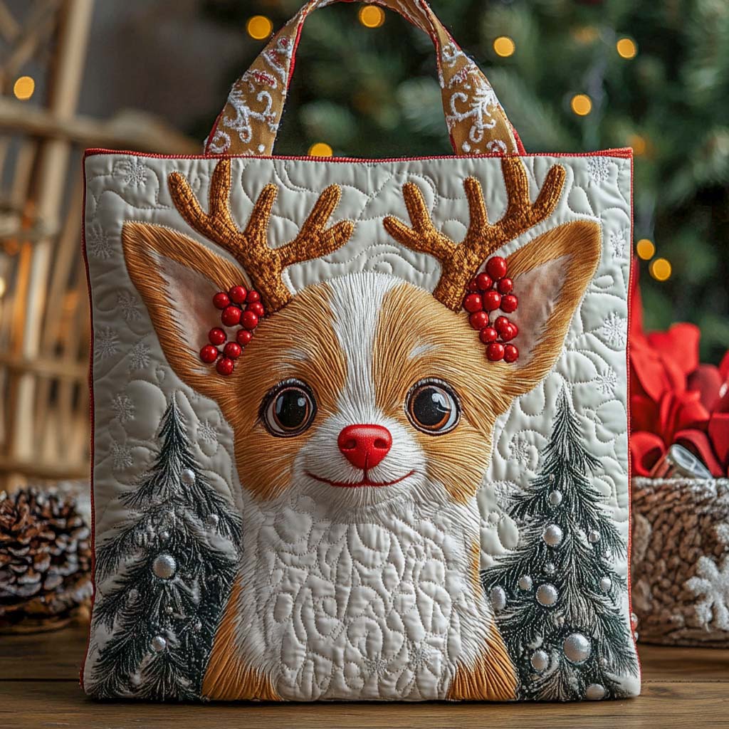 Holiday Reindeer Chihuahua Quilted Tote Bag Quilted Shoulder Bag Gifts For Chihuahua Owners